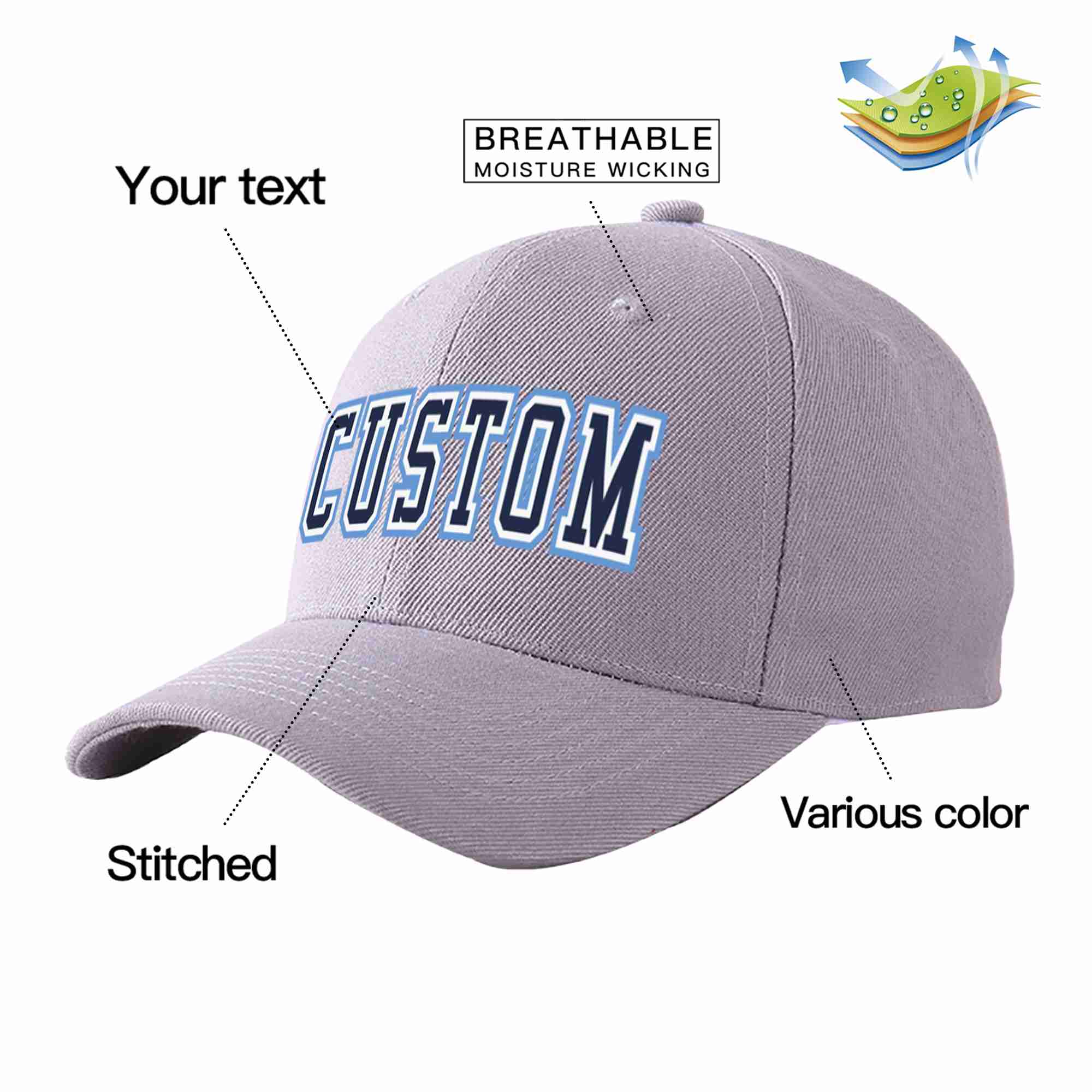 Conception personnalisée de casquette de baseball de sport incurvée gris marine-blanc pour hommes/femmes/jeunes