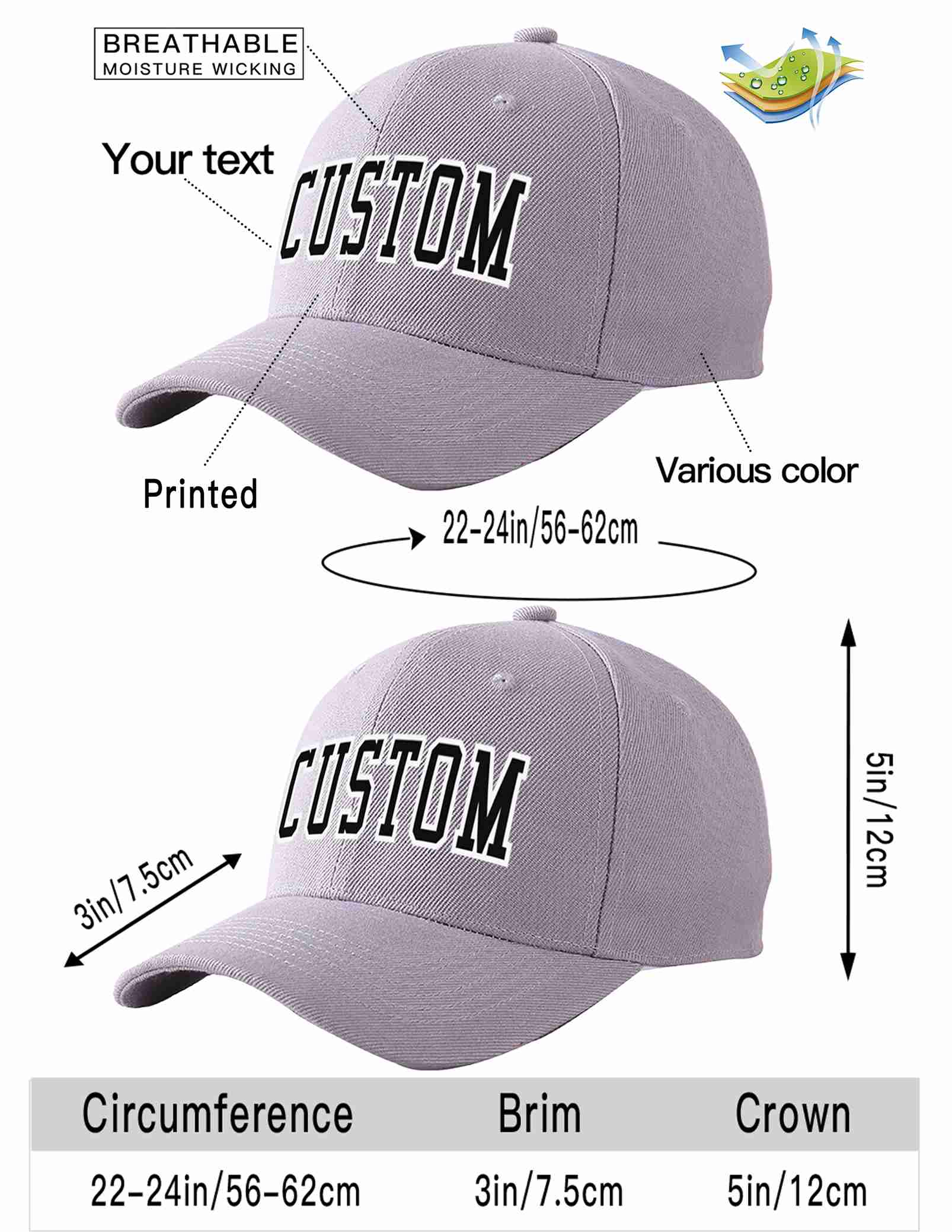 Custom Gray Black-White Curved Eaves Sport Baseball Cap Design for Men/Women/Youth