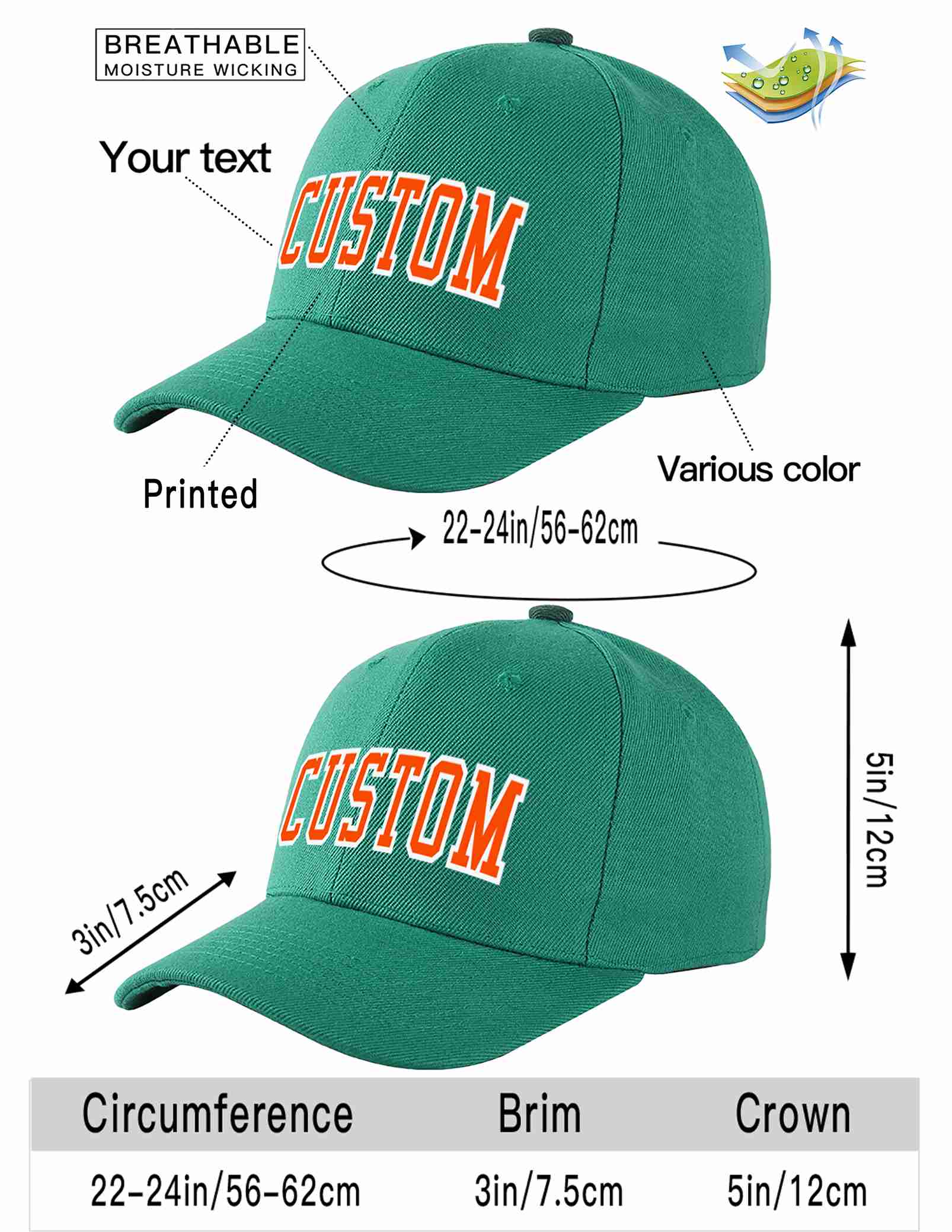 Conception personnalisée de casquette de baseball de sport incurvée vert clair orange-blanc pour hommes/femmes/jeunes