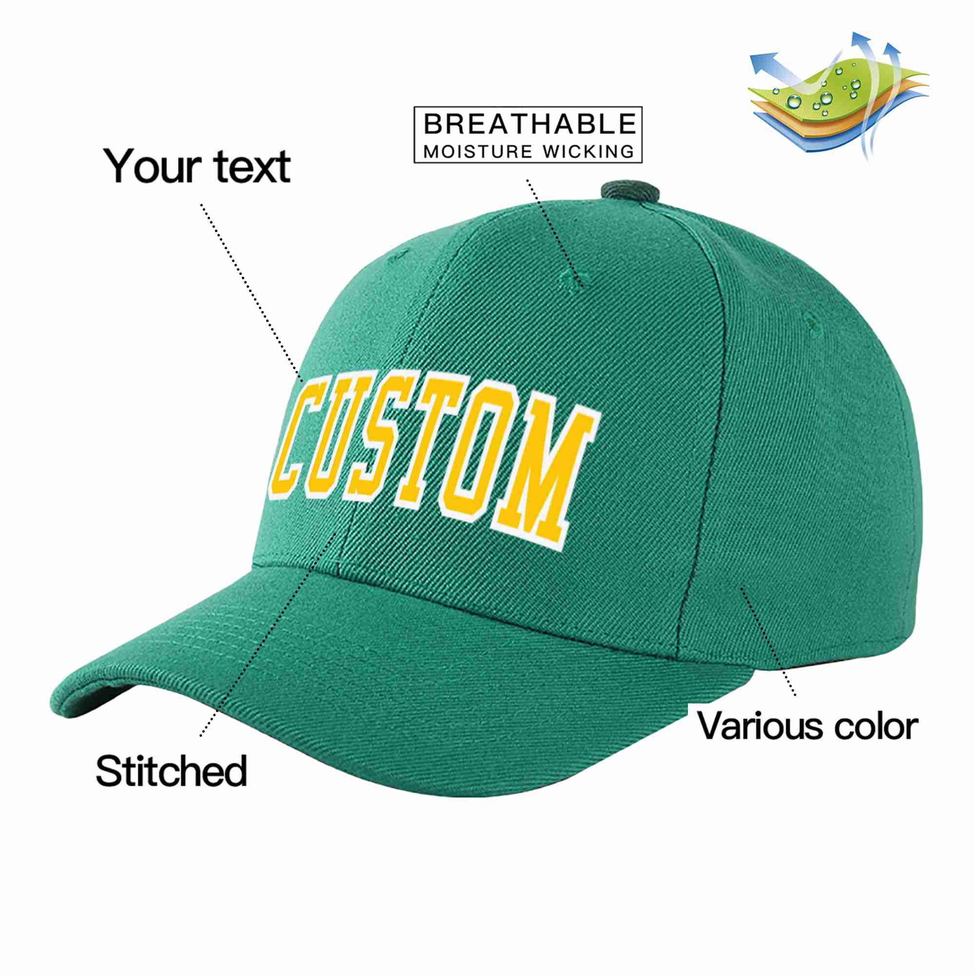 Conception personnalisée de casquette de baseball de sport incurvée vert clair or-blanc pour hommes/femmes/jeunes