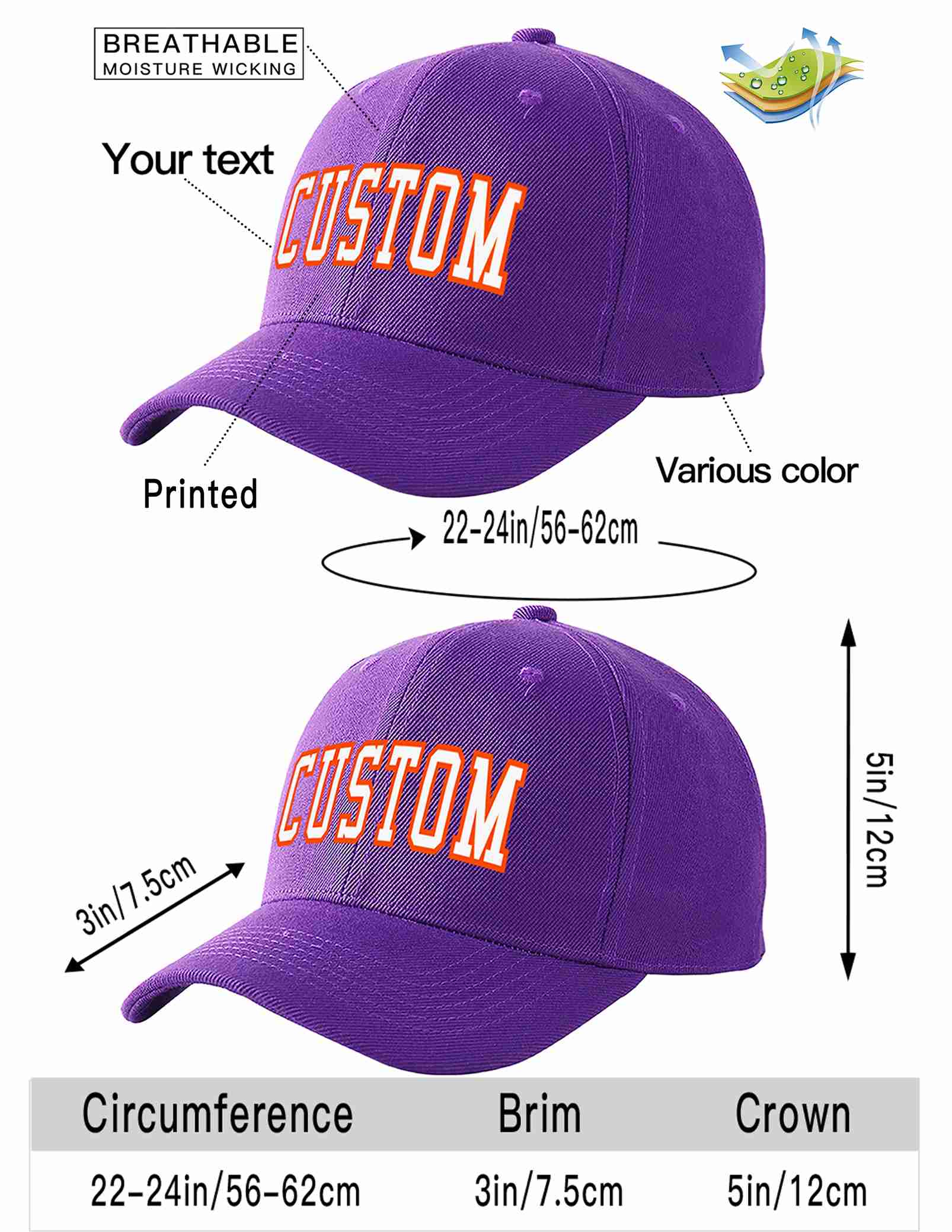 Conception personnalisée de casquette de baseball de sport incurvée violet blanc-orange pour hommes/femmes/jeunes