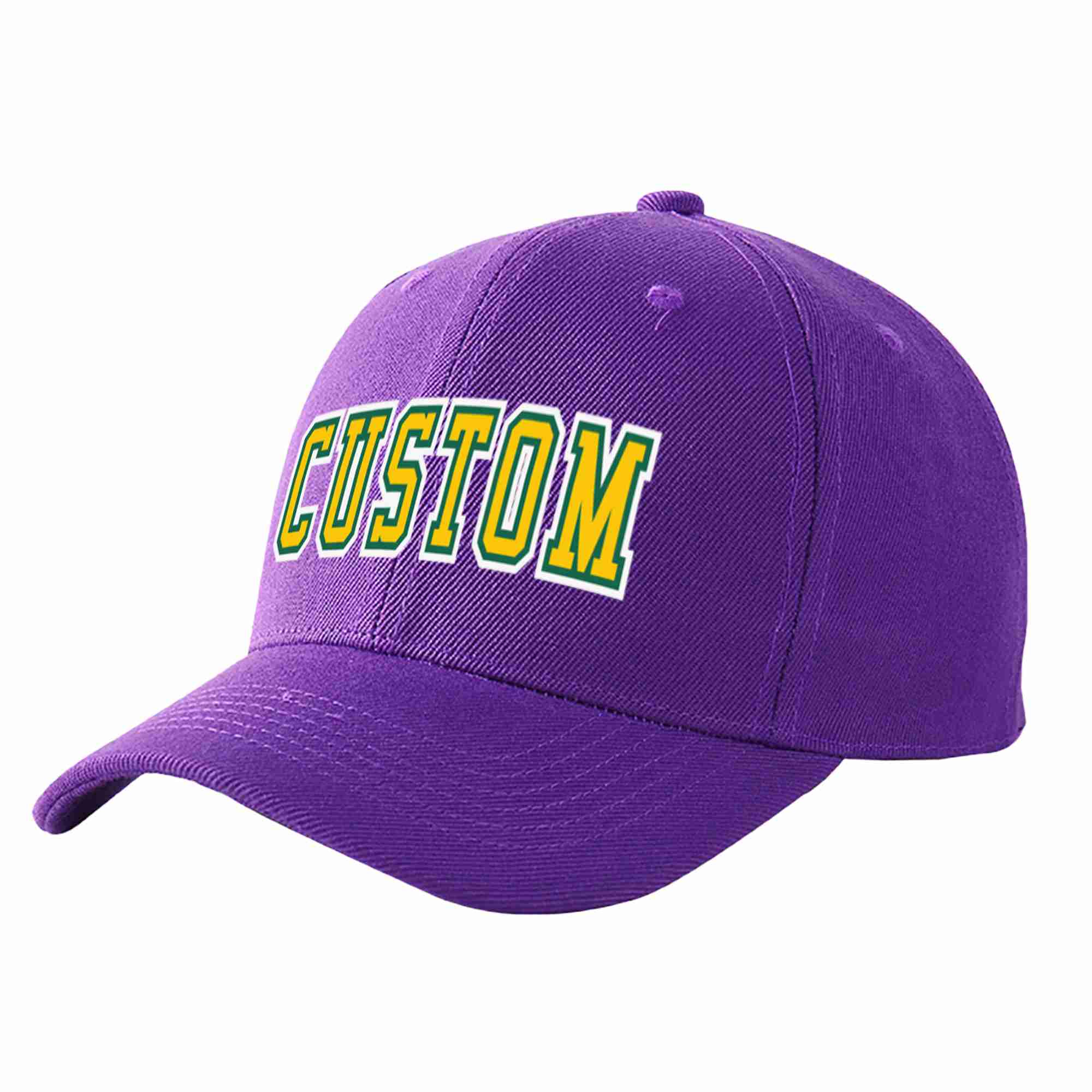 Conception personnalisée de casquette de baseball de sport incurvée pourpre or-kelly vert pour hommes/femmes/jeunes