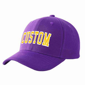 Conception personnalisée de casquette de baseball de sport incurvée Eaves violet or-blanc pour hommes/femmes/jeunes