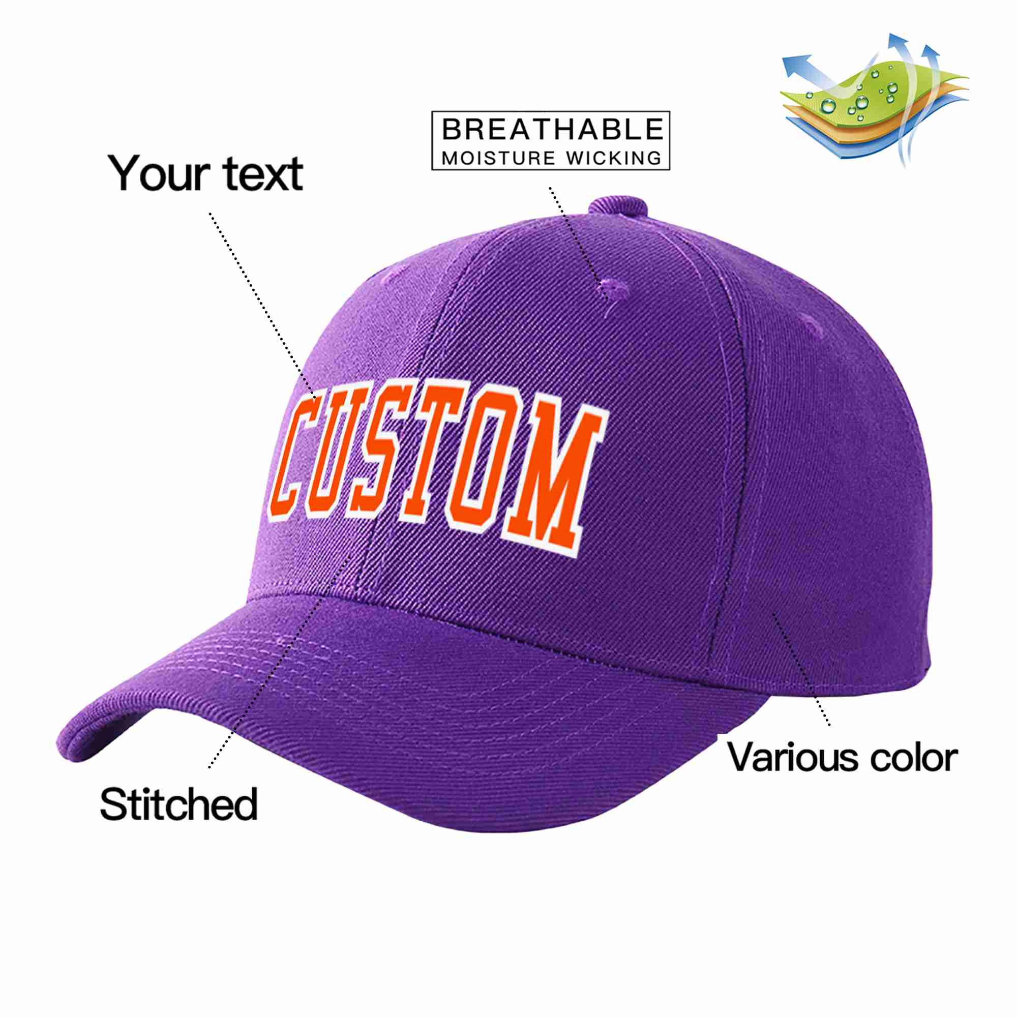 Custom Purple Orange-White Curved Eaves Sport Baseball Cap Design for Men/Women/Youth