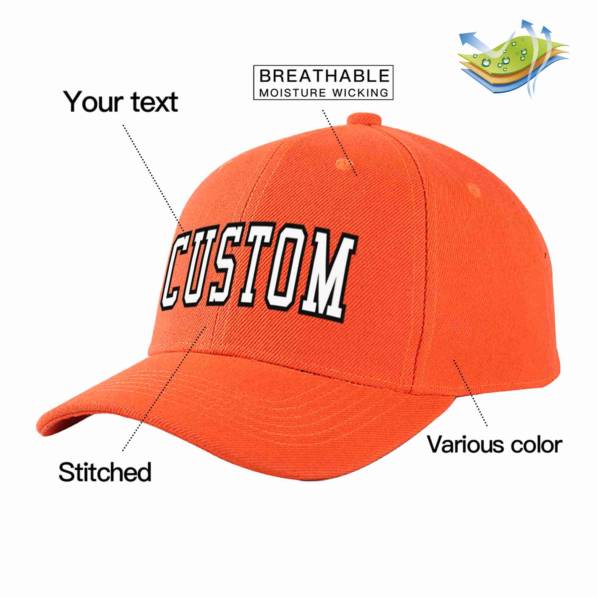 Conception personnalisée de casquette de baseball de sport incurvée blanc-noir mandarine pour hommes/femmes/jeunes