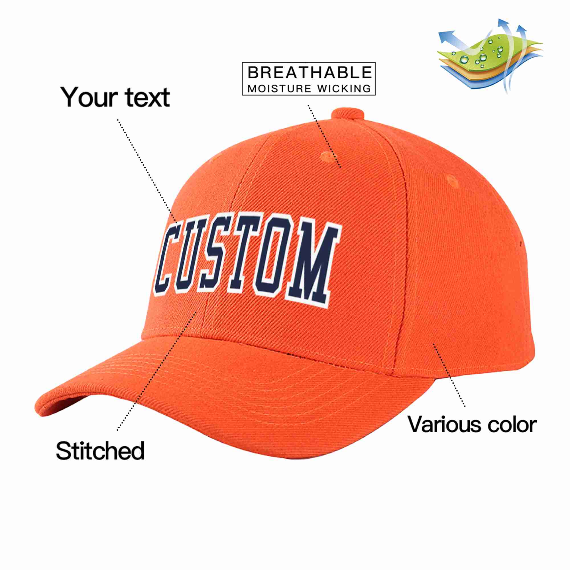 Casquette de baseball de sport incurvée personnalisée Tangerine marine-blanc pour hommes/femmes/jeunes