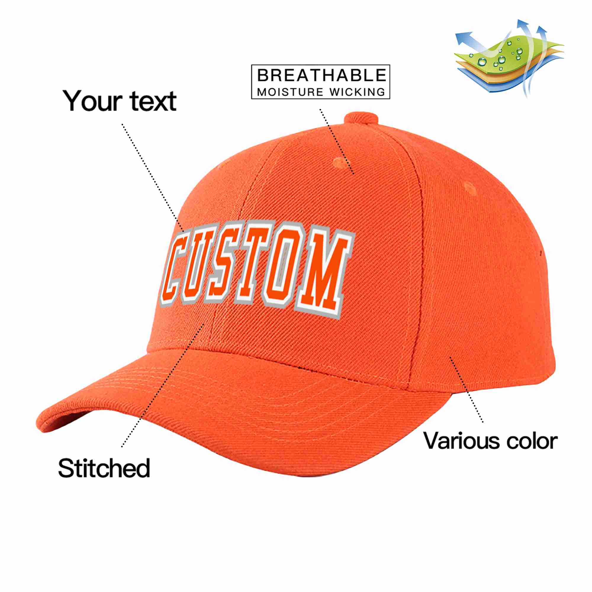 Conception personnalisée de casquette de baseball de sport incurvée orange-blanc mandarine pour hommes/femmes/jeunes