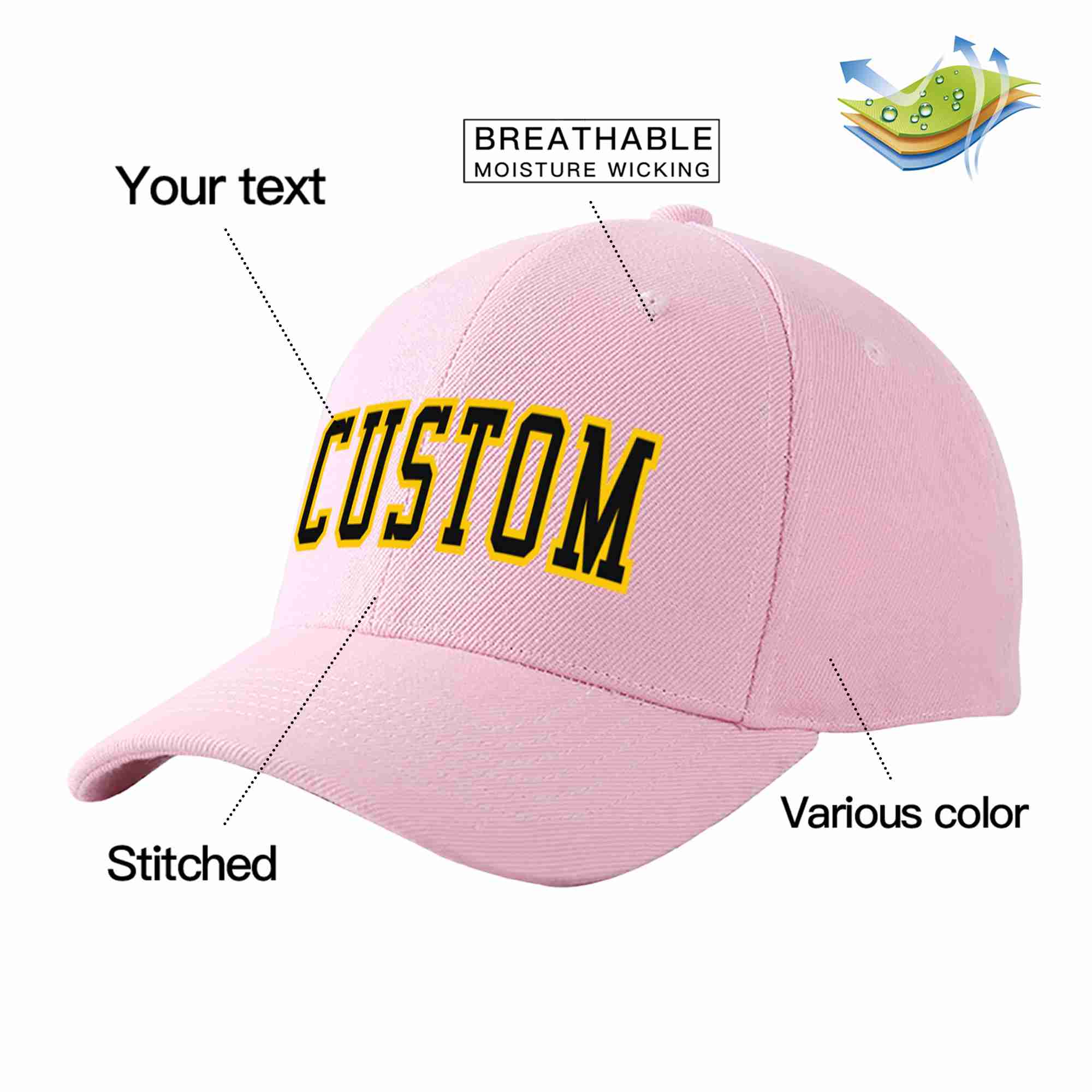 Conception personnalisée de casquette de baseball de sport incurvée rose noir-or pour hommes/femmes/jeunes