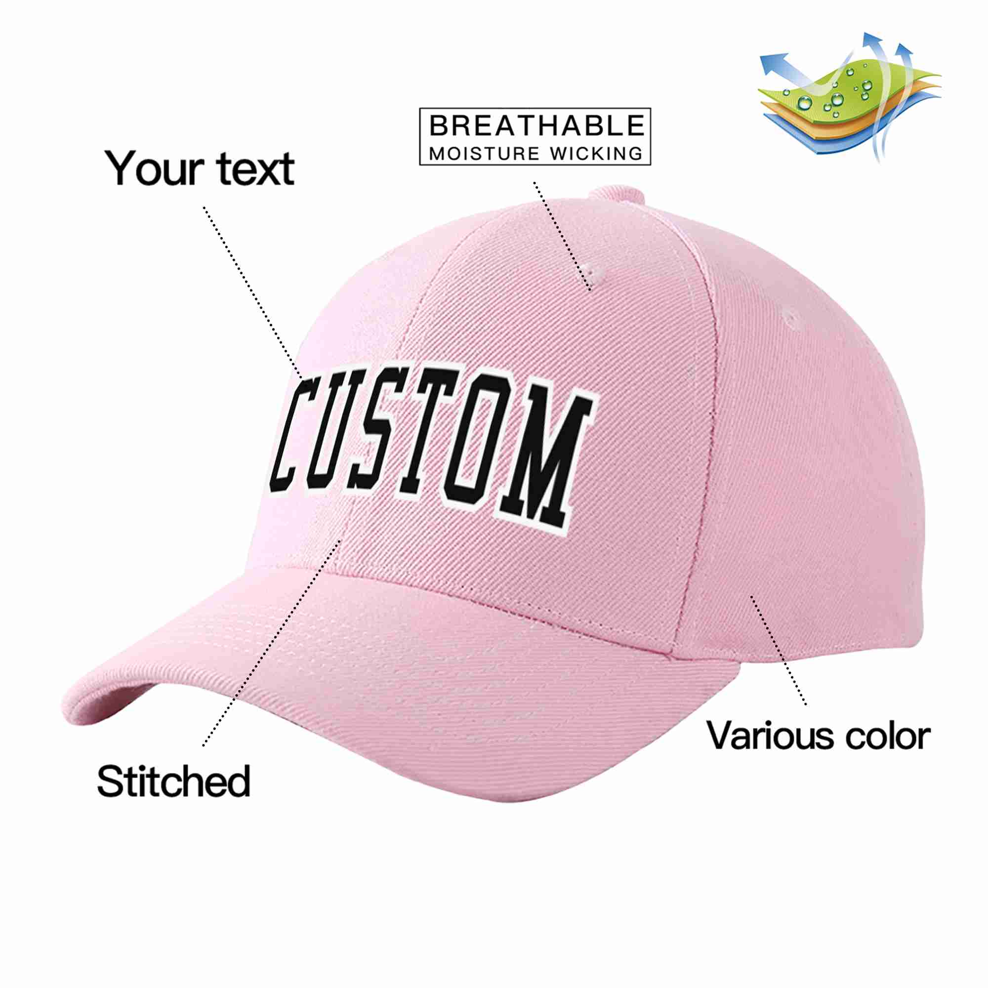 Conception personnalisée de casquette de baseball de sport incurvée rose noir-blanc pour hommes/femmes/jeunes