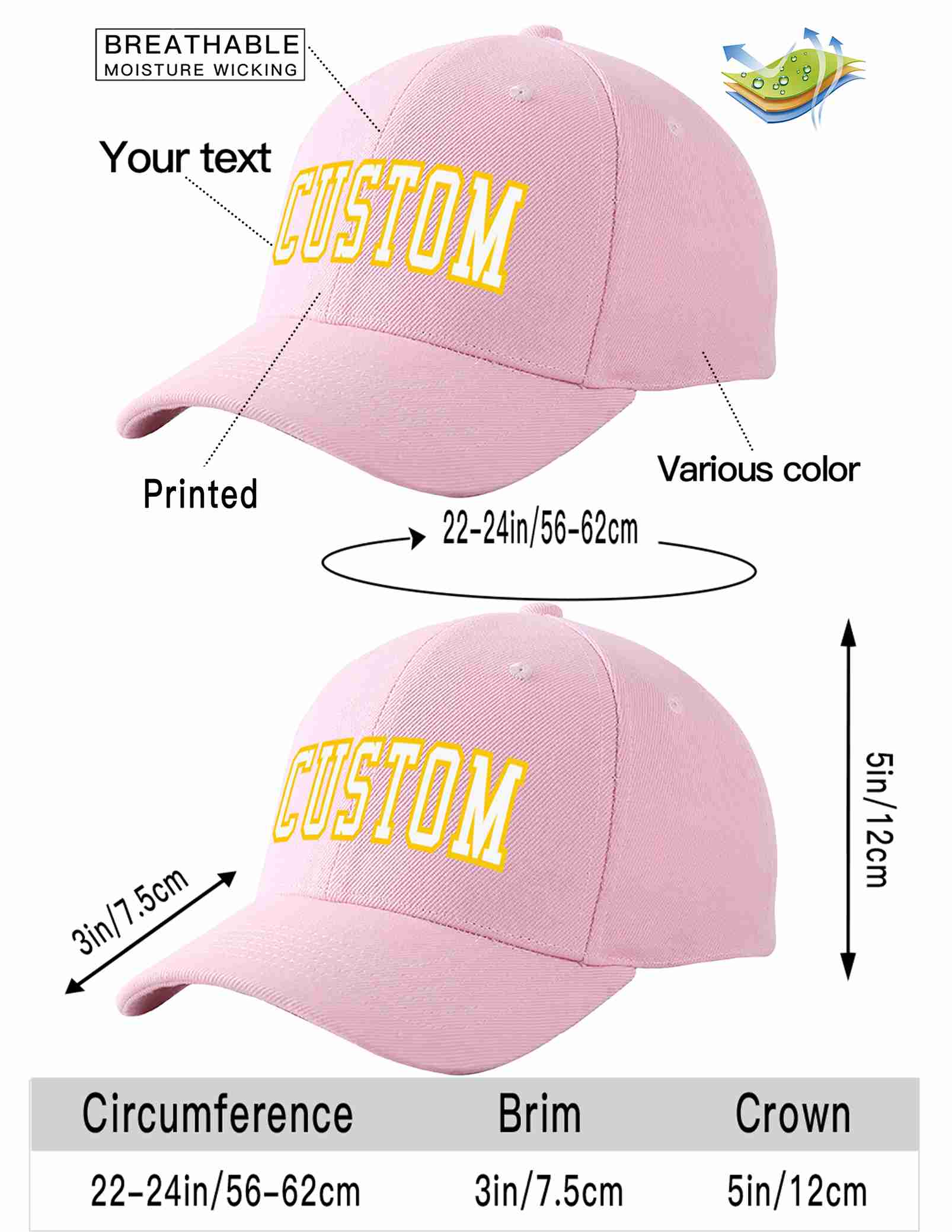 Custom Pink White-Gold Curved Eaves Sport Baseball Cap Design for Men/Women/Youth