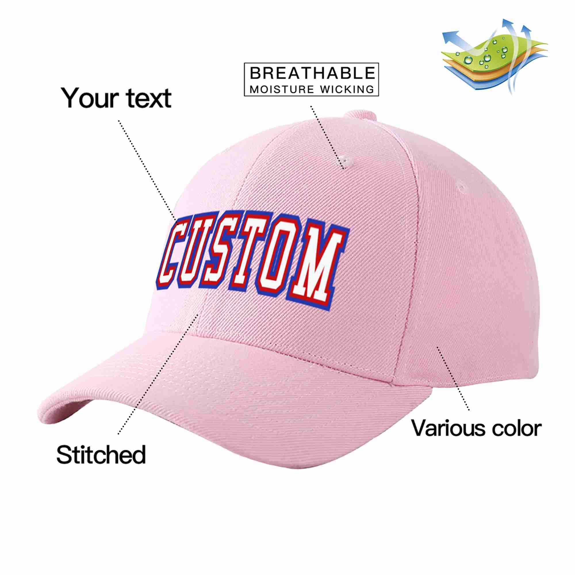 Conception personnalisée de casquette de baseball de sport incurvée rose blanc-rouge pour hommes/femmes/jeunes