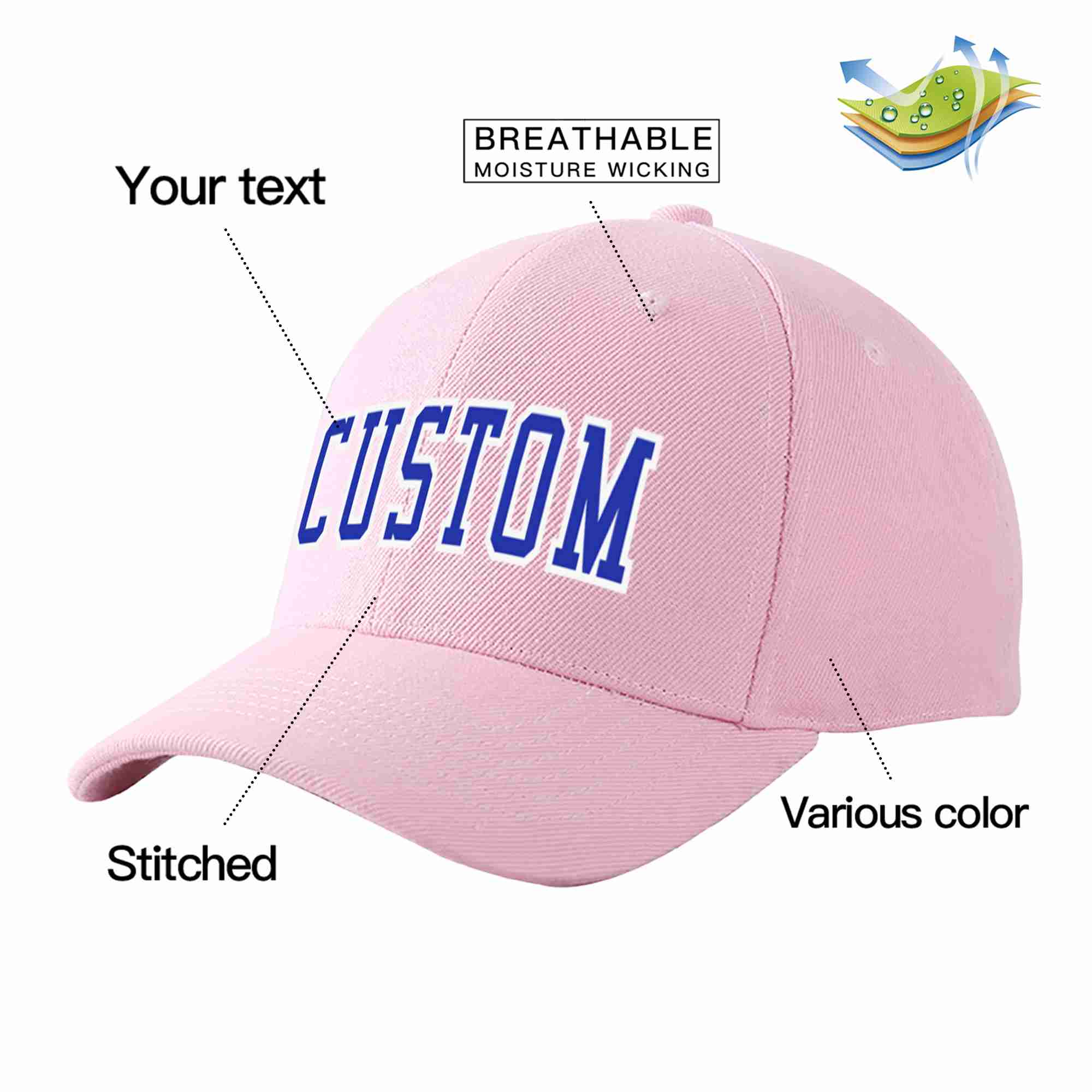 Conception personnalisée de casquette de baseball de sport incurvée rose royal-blanc pour hommes/femmes/jeunes