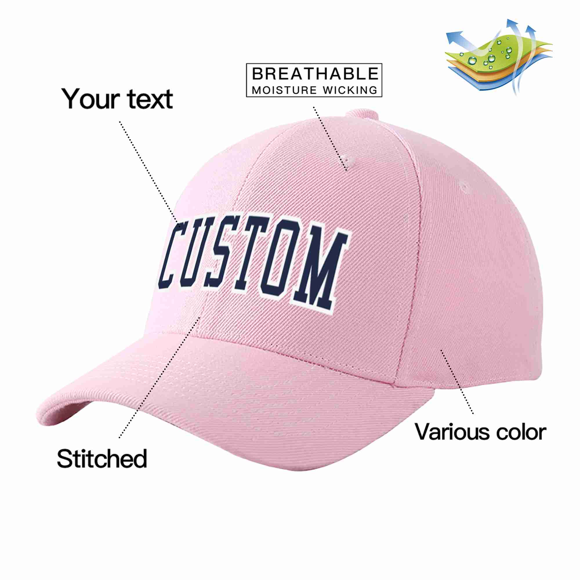 Conception personnalisée de casquette de baseball de sport incurvée rose marine-blanc pour hommes/femmes/jeunes