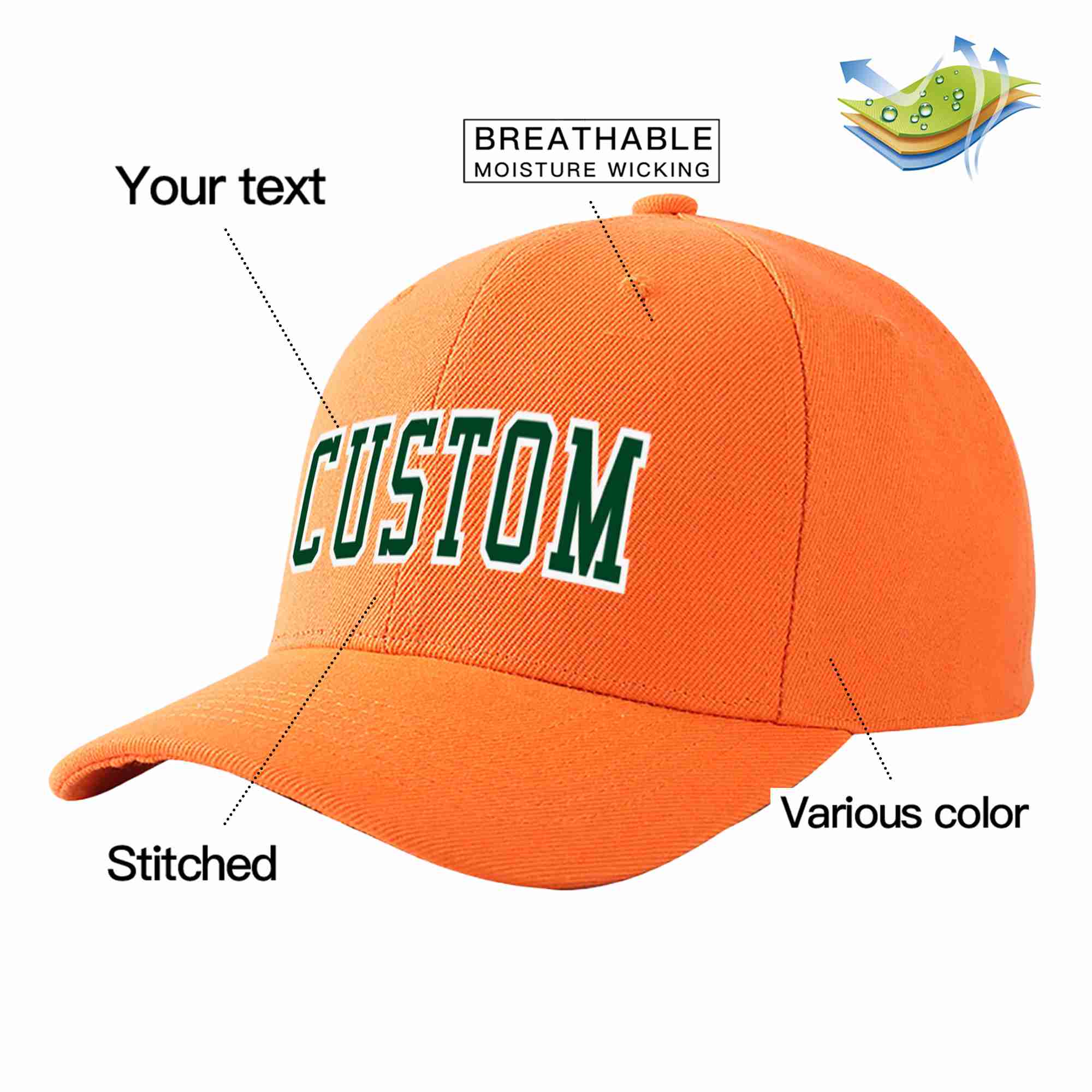 Conception personnalisée de casquette de baseball de sport incurvée orange vert-blanc pour hommes/femmes/jeunes