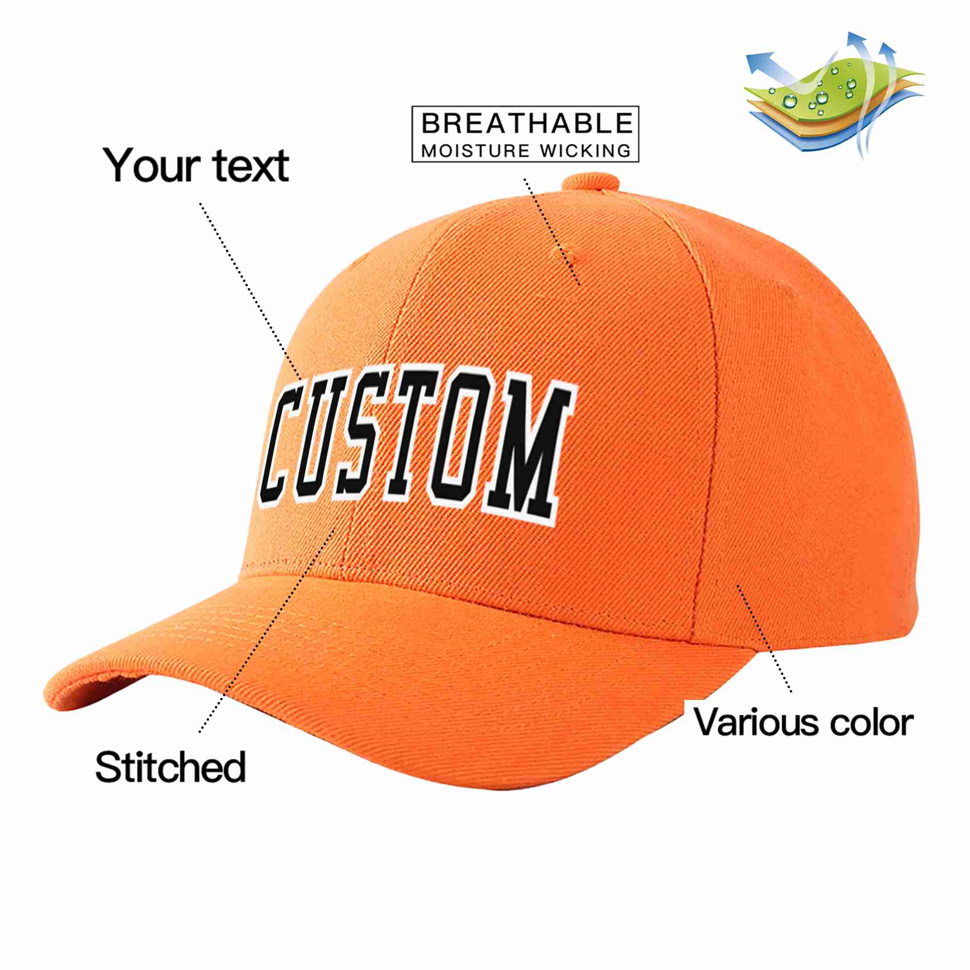 Conception personnalisée de casquette de baseball de sport incurvée orange noir-blanc pour hommes/femmes/jeunes