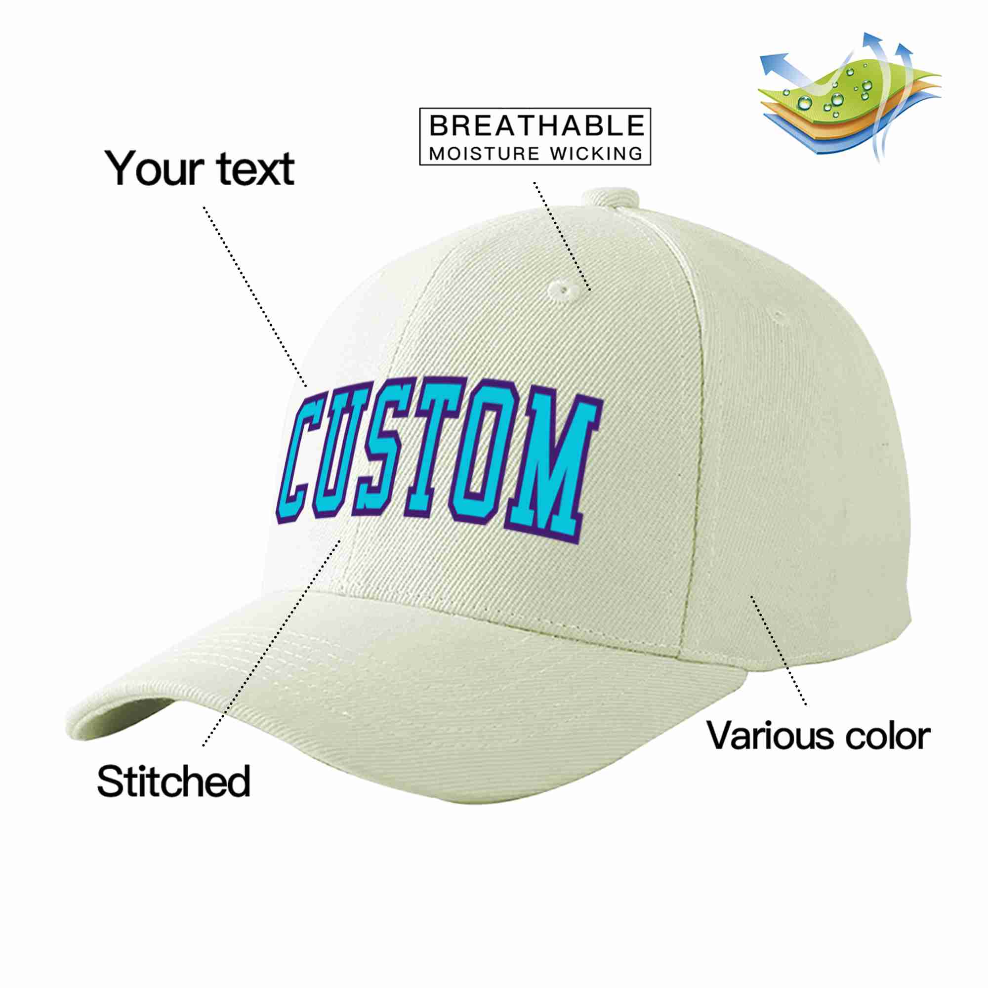 Custom Cream Light Blue-Purple Curved Eaves Sport Baseball Cap Design for Men/Women/Youth