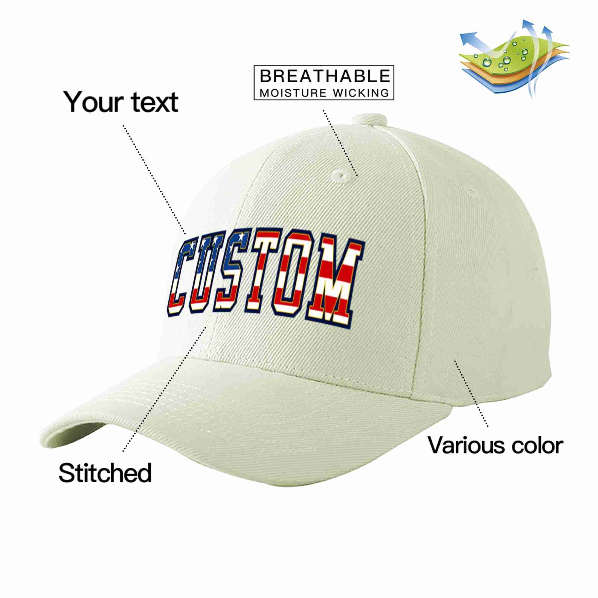 Custom Cream Vintage USA Flag-Gold Curved Eaves Sport Baseball Cap Design for Men/Women/Youth