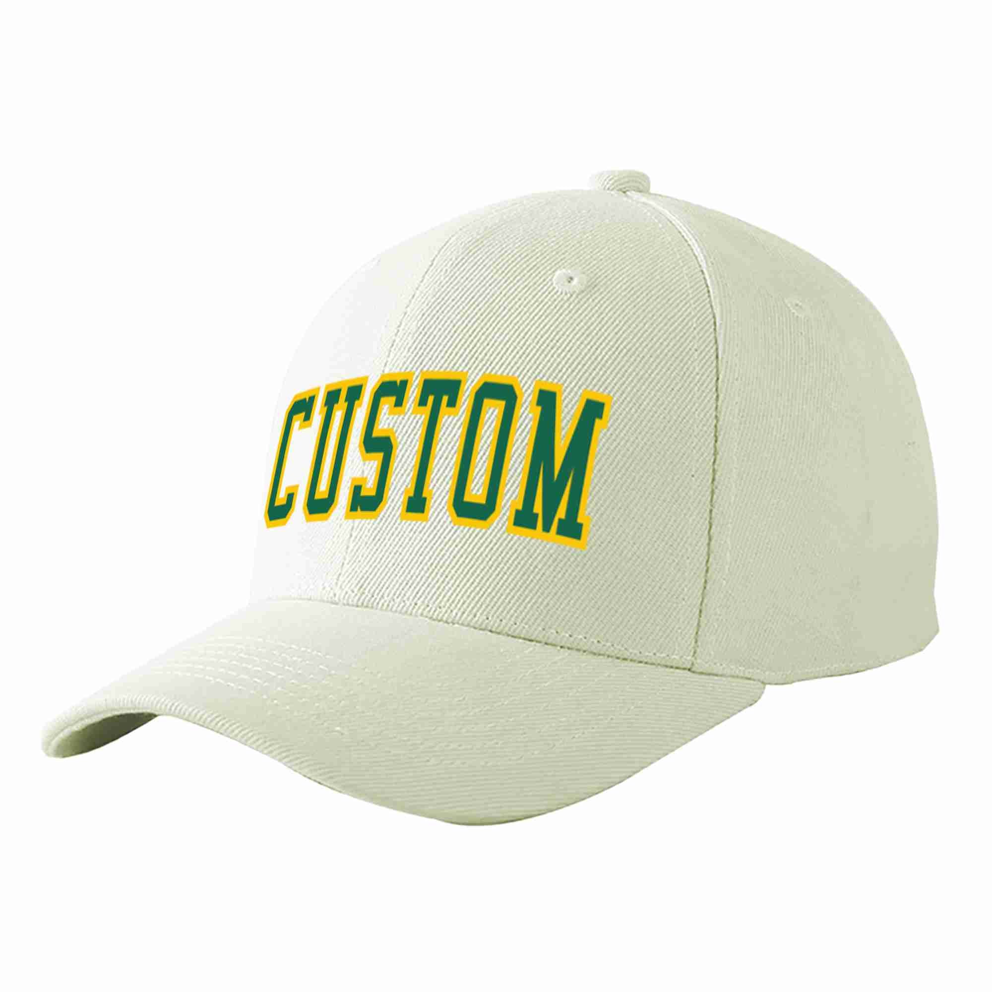 Custom Cream Kelly Green-Gold Curved Eaves Sport Baseball Cap Design for Men/Women/Youth