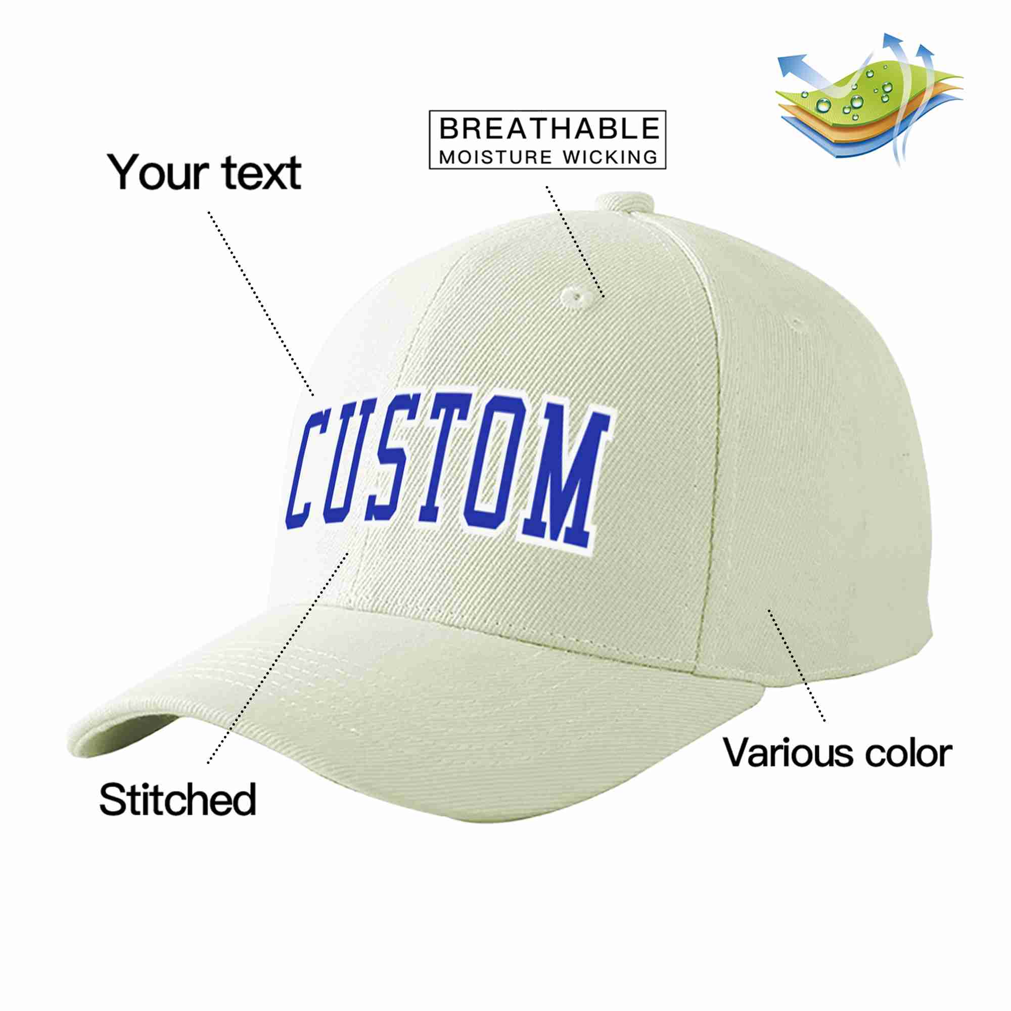 Custom Cream Royal-White Curved Eaves Sport Baseball Cap Design for Men/Women/Youth