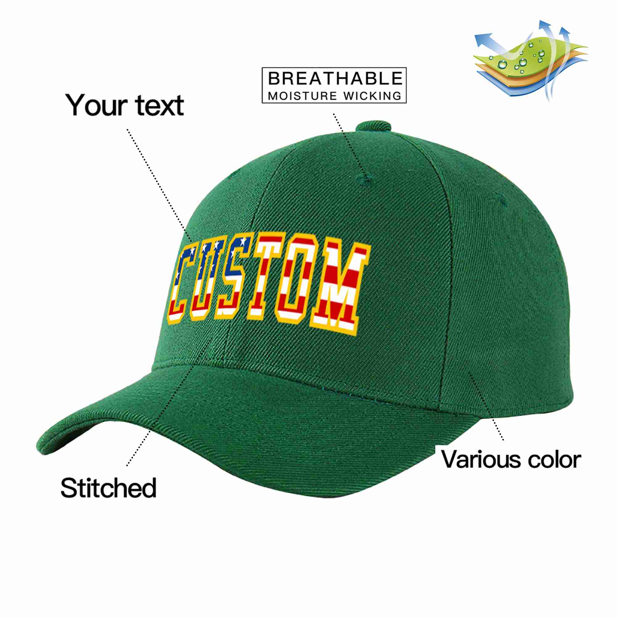 Conception de casquette de baseball de sport à avant-toit incurvé vert personnalisé avec drapeau américain vintage pour hommes/femmes/jeunes