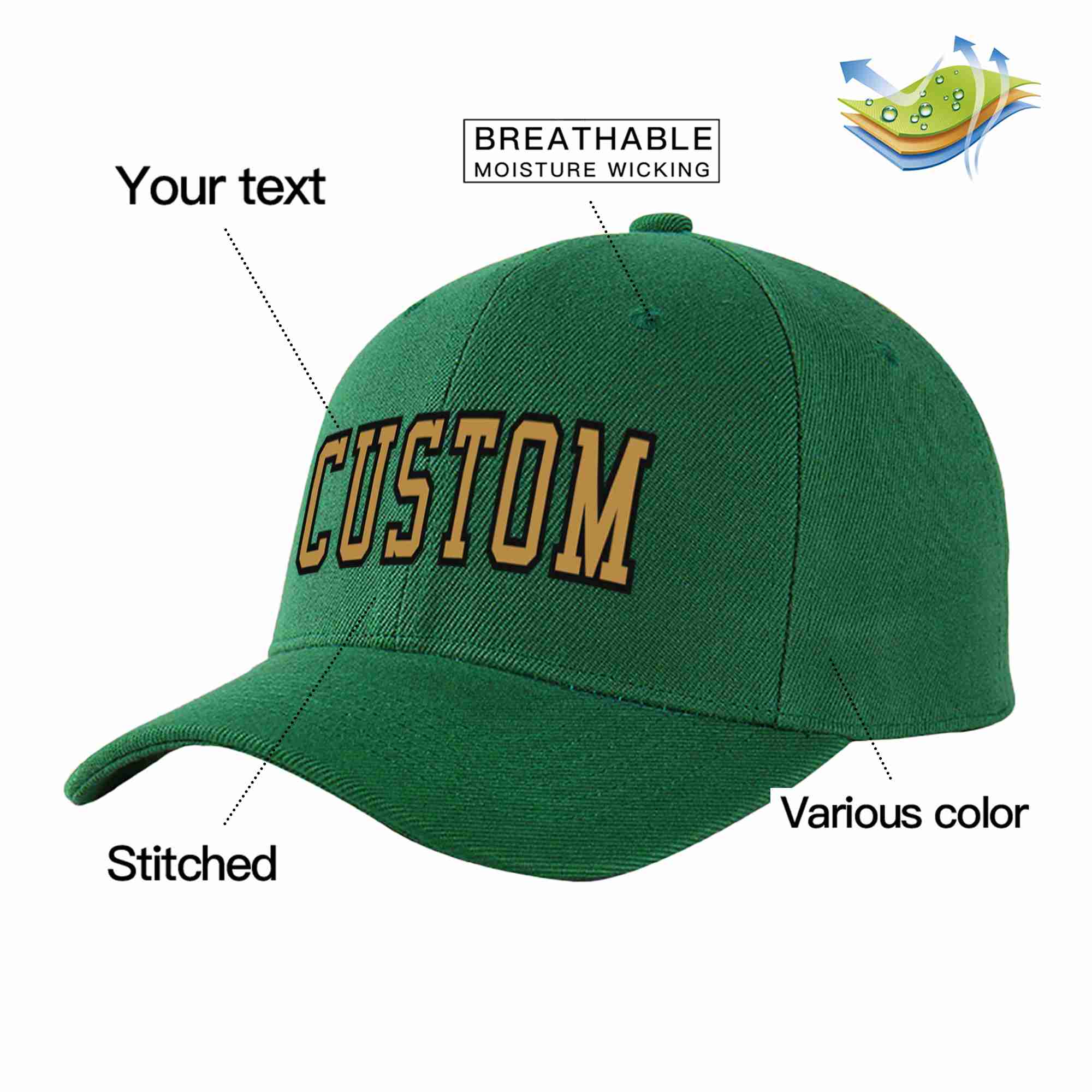 Conception personnalisée de casquette de baseball de sport à avant-toit incurvé vert vieux or-noir pour hommes/femmes/jeunes