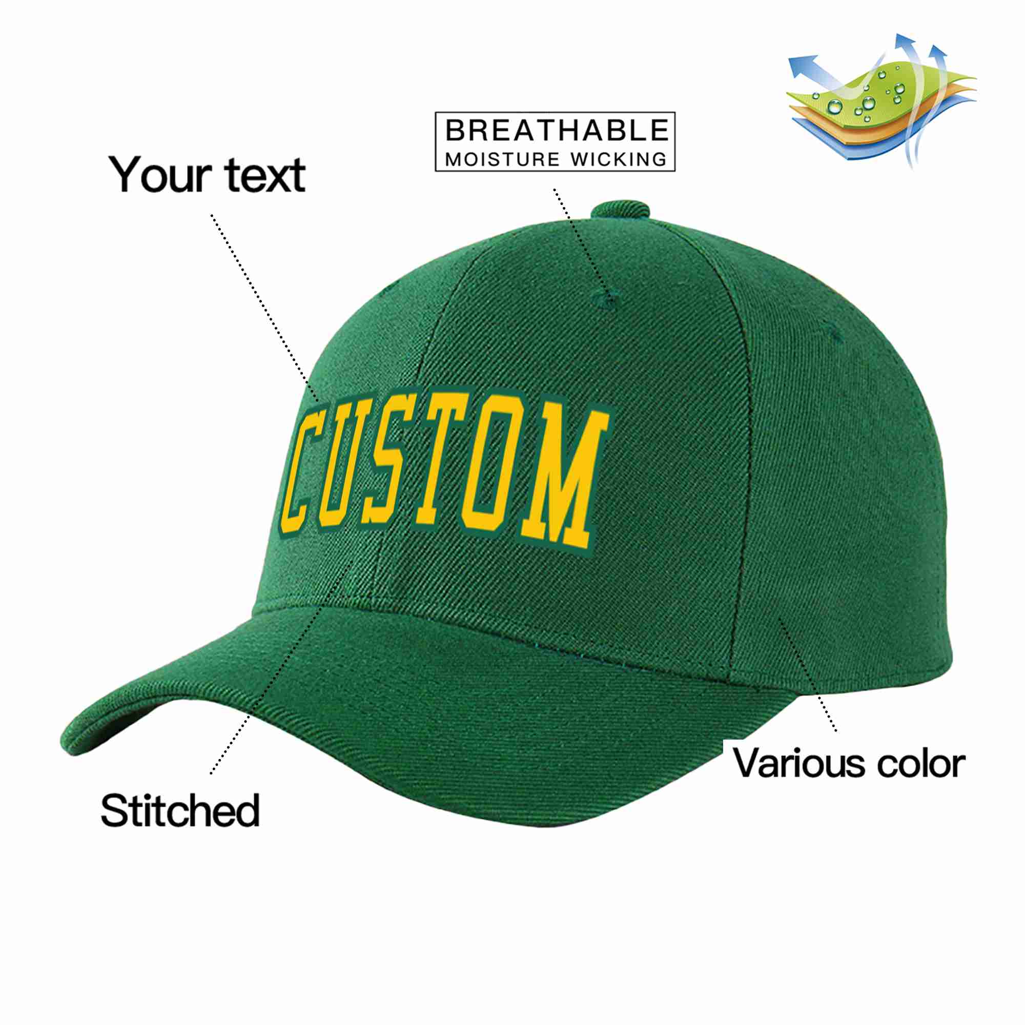 Conception personnalisée de casquette de baseball de sport à avant-toit incurvé vert Gold-Kelly Green pour hommes/femmes/jeunes