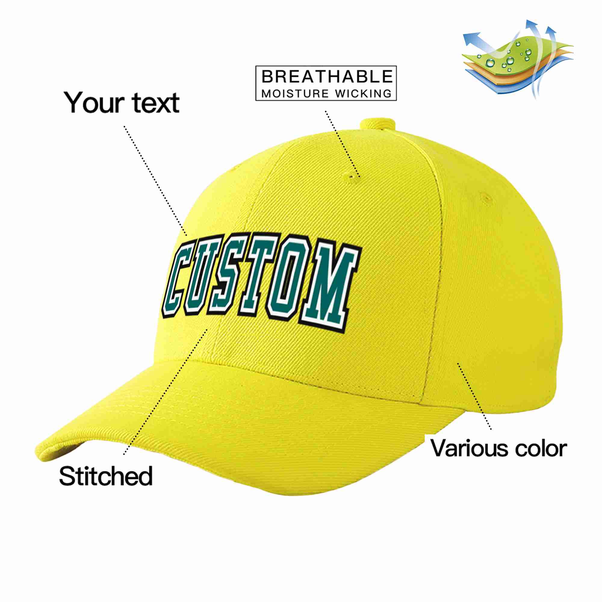 Conception personnalisée de casquette de baseball de sport courbée jaune aqua-blanc pour hommes/femmes/jeunes