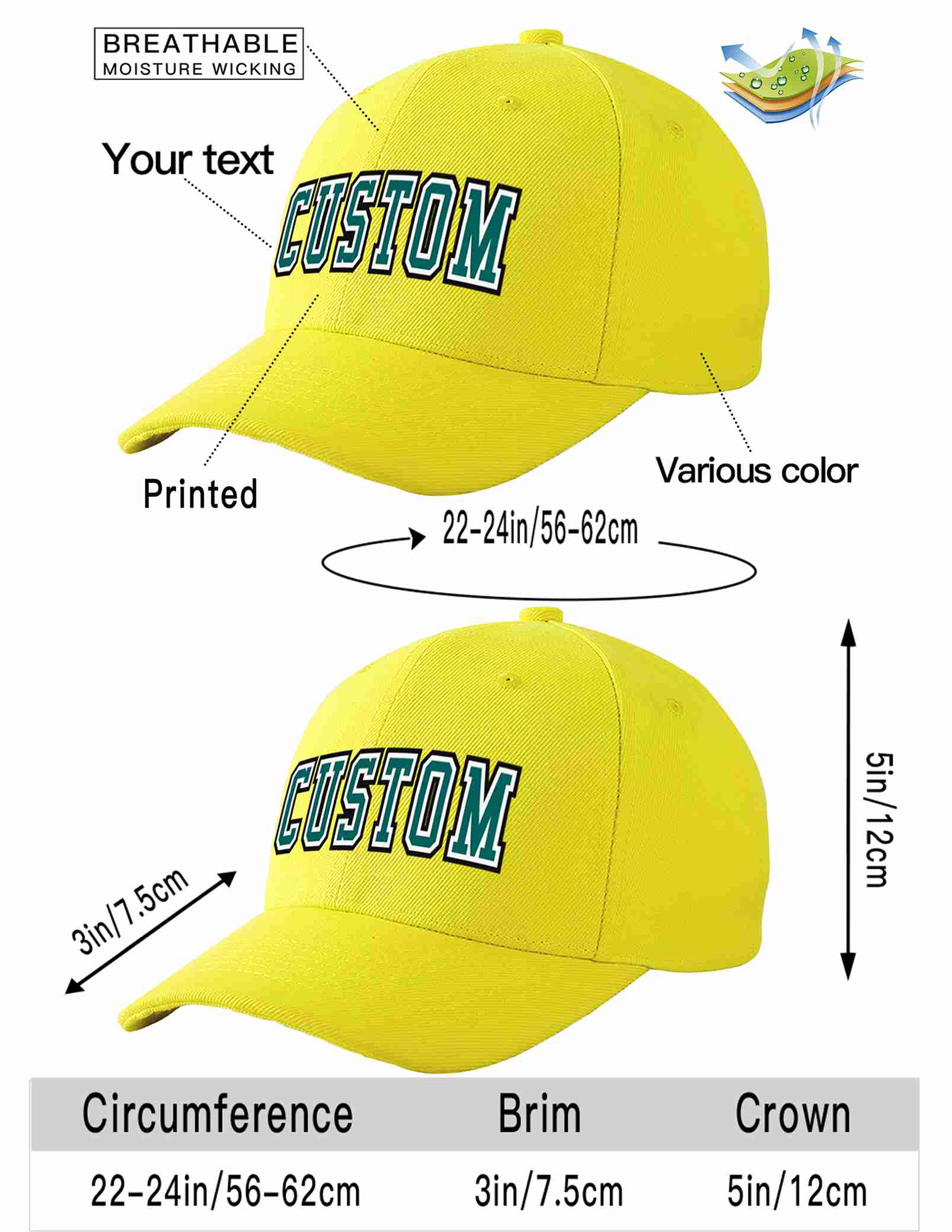 Custom Yellow Aqua-White Curved Eaves Sport Baseball Cap Design for Men/Women/Youth