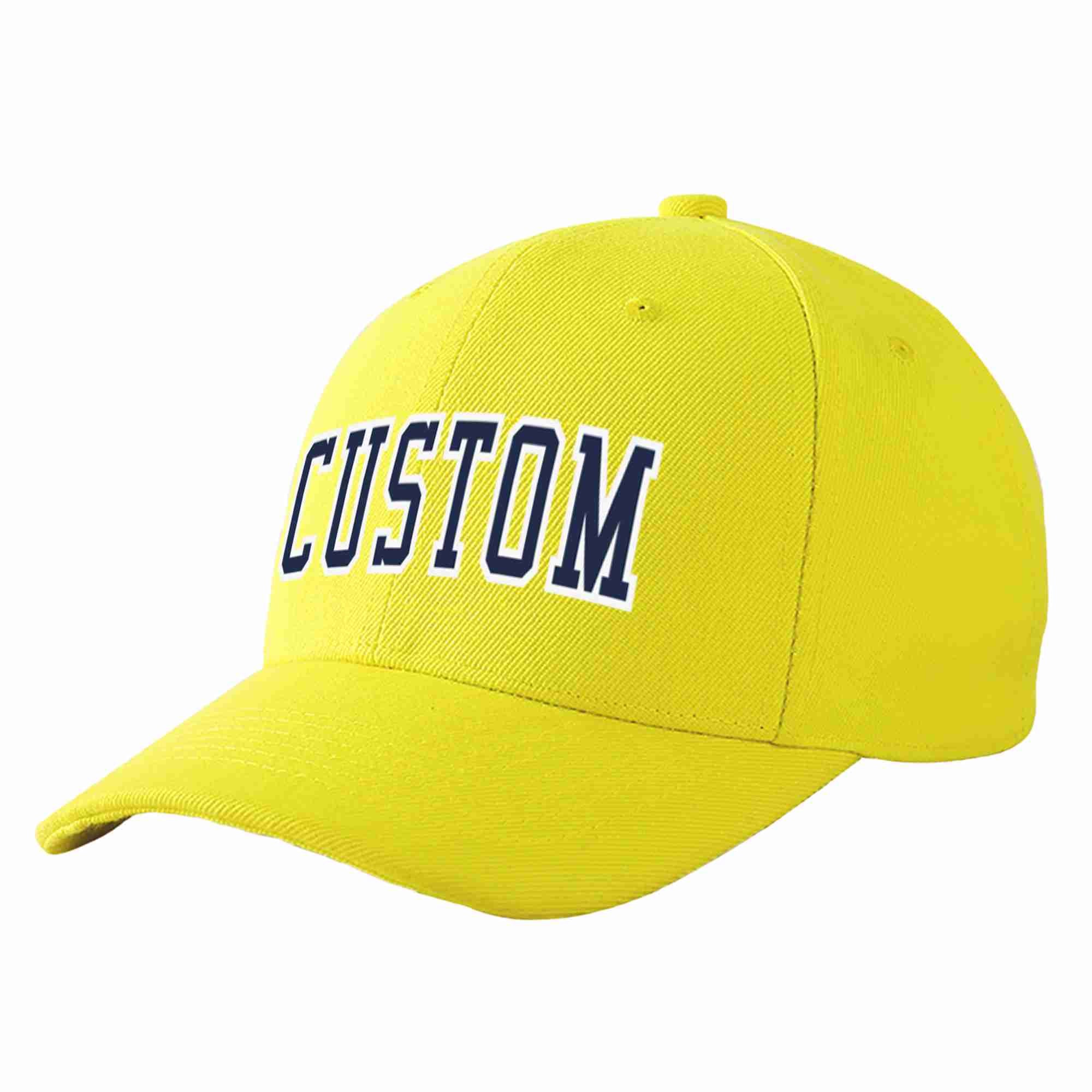 Conception personnalisée de casquette de baseball de sport incurvée jaune marine-blanc pour hommes/femmes/jeunes