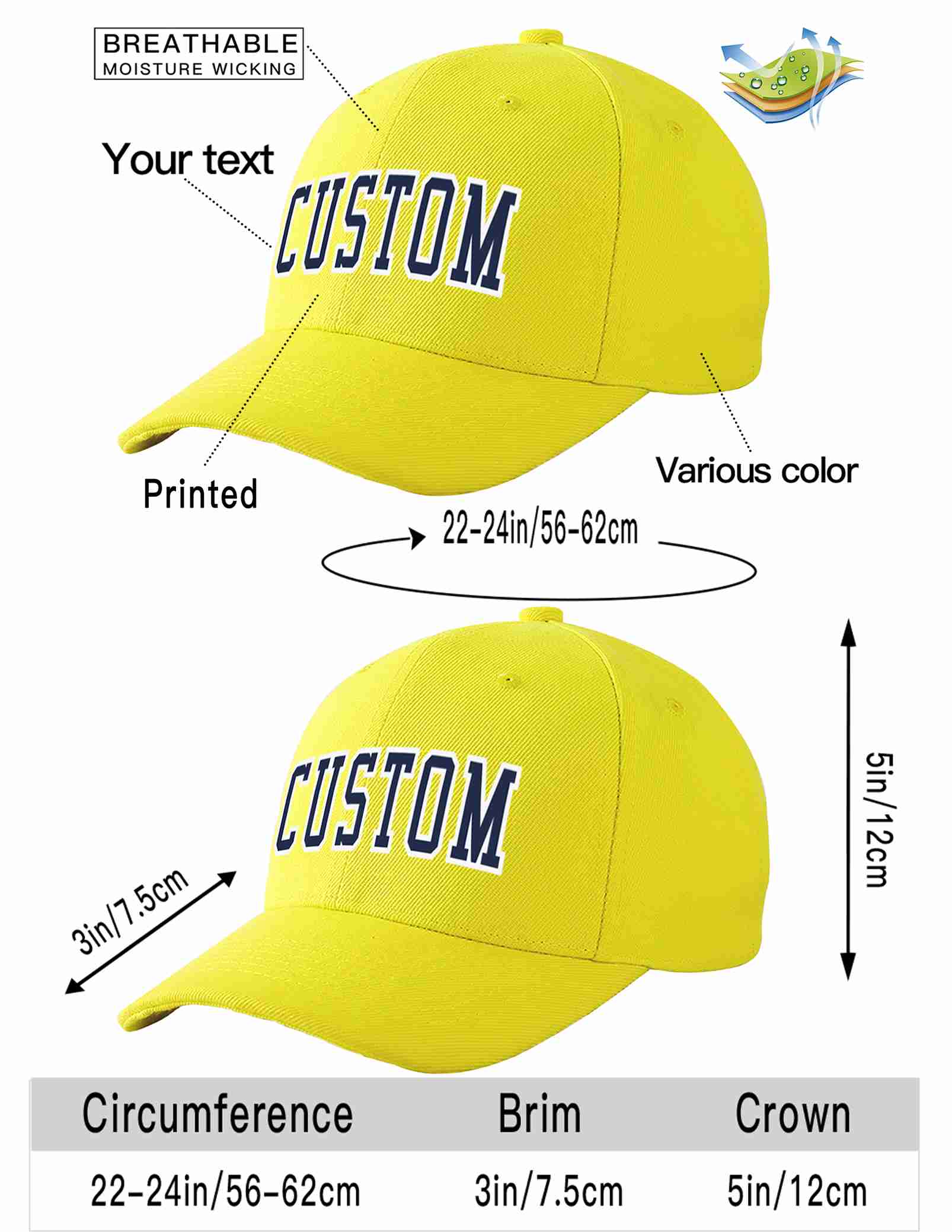 Conception personnalisée de casquette de baseball de sport incurvée jaune marine-blanc pour hommes/femmes/jeunes