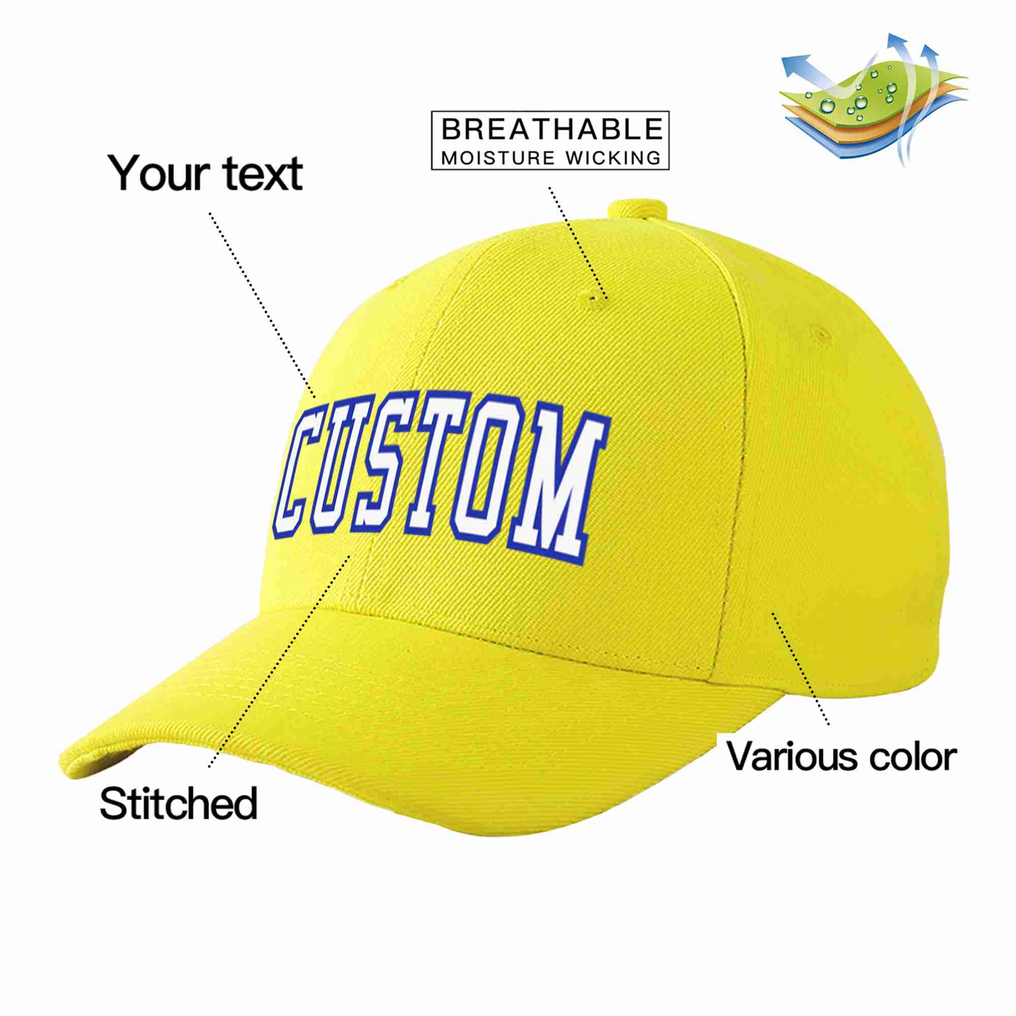 Conception personnalisée de casquette de baseball de sport courbée jaune blanc-royal pour hommes/femmes/jeunes