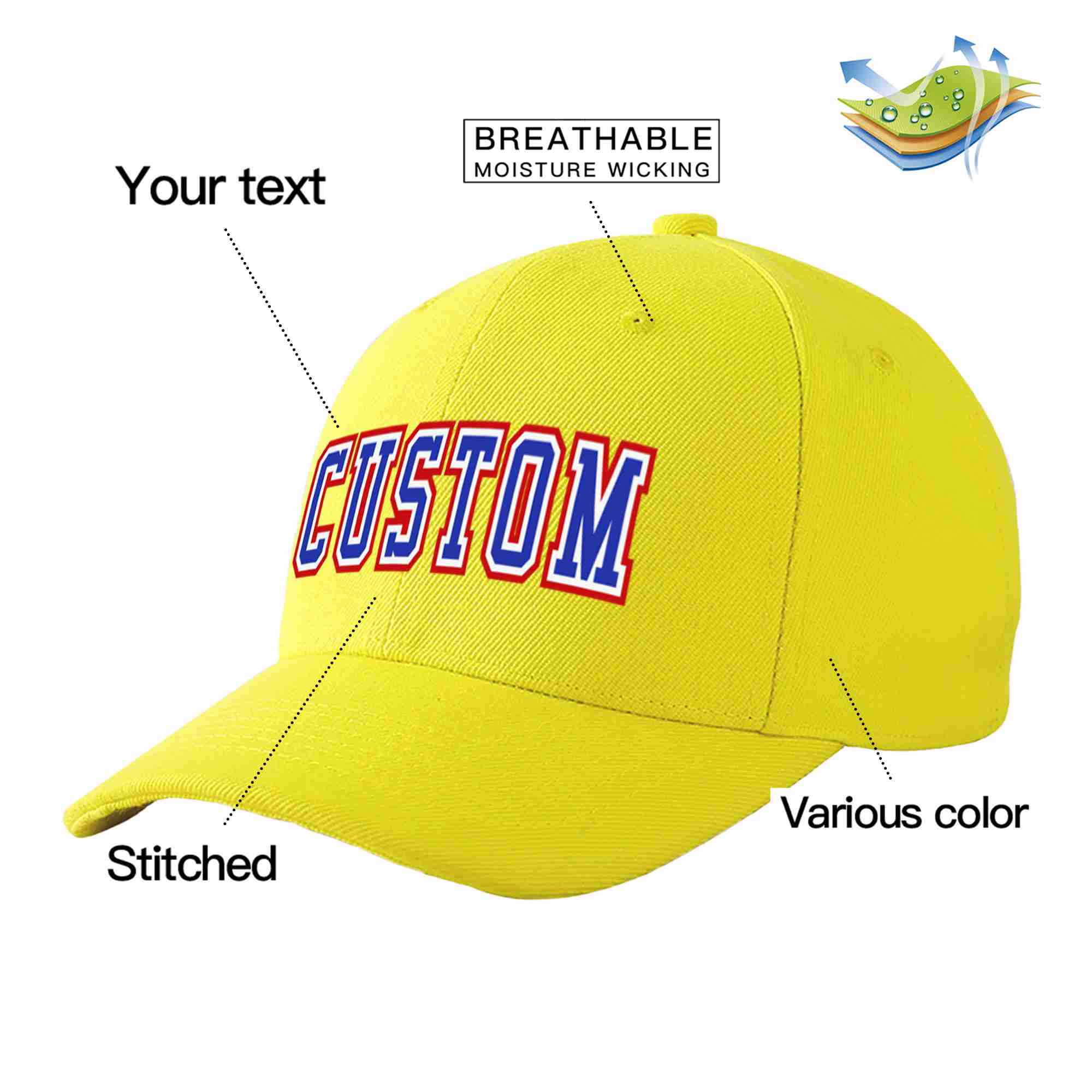 Custom Yellow Royal-White Curved Eaves Sport Baseball Cap Design for Men/Women/Youth