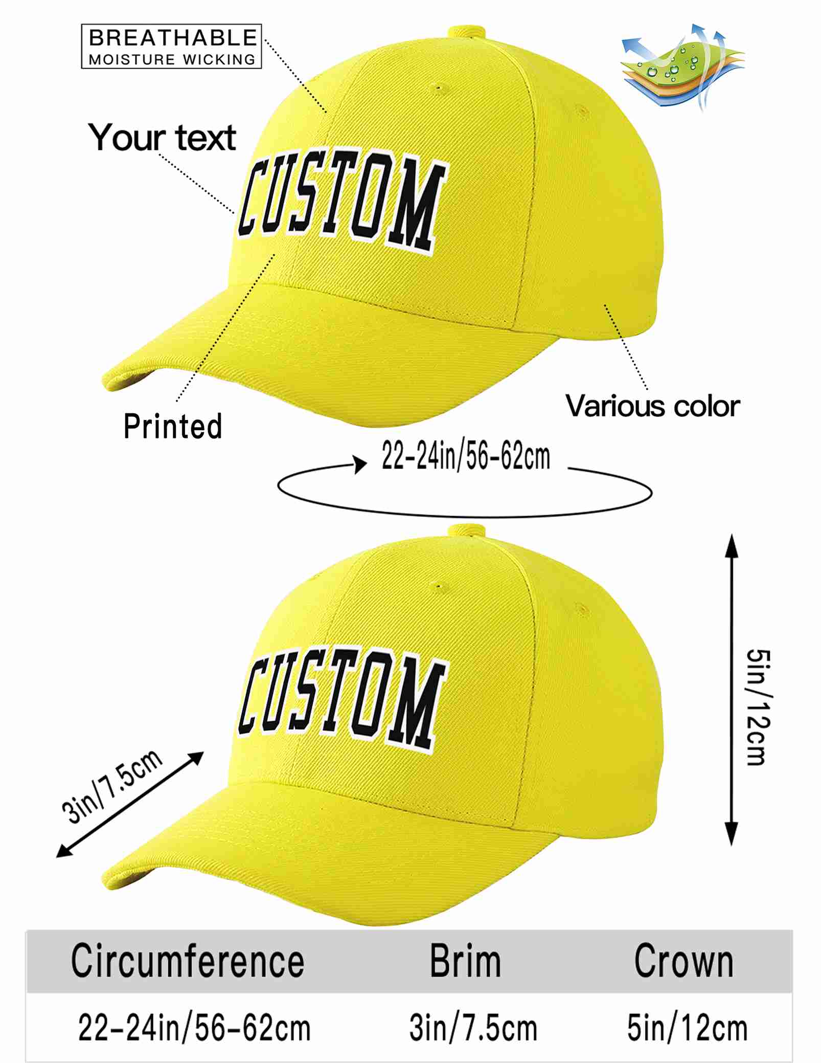 Conception personnalisée de casquette de baseball de sport incurvée jaune noir-blanc pour hommes/femmes/jeunes