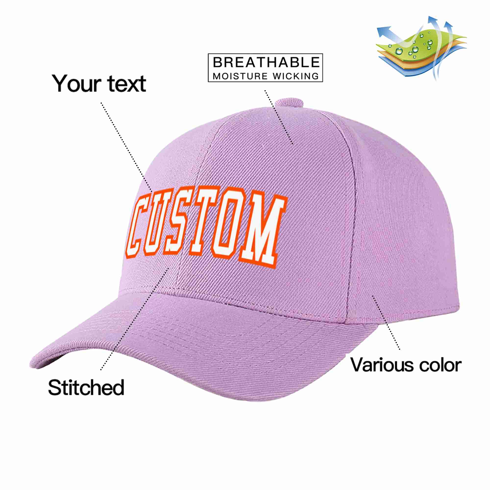 Conception personnalisée de casquette de baseball de sport incurvée violet clair blanc-orange pour hommes/femmes/jeunes