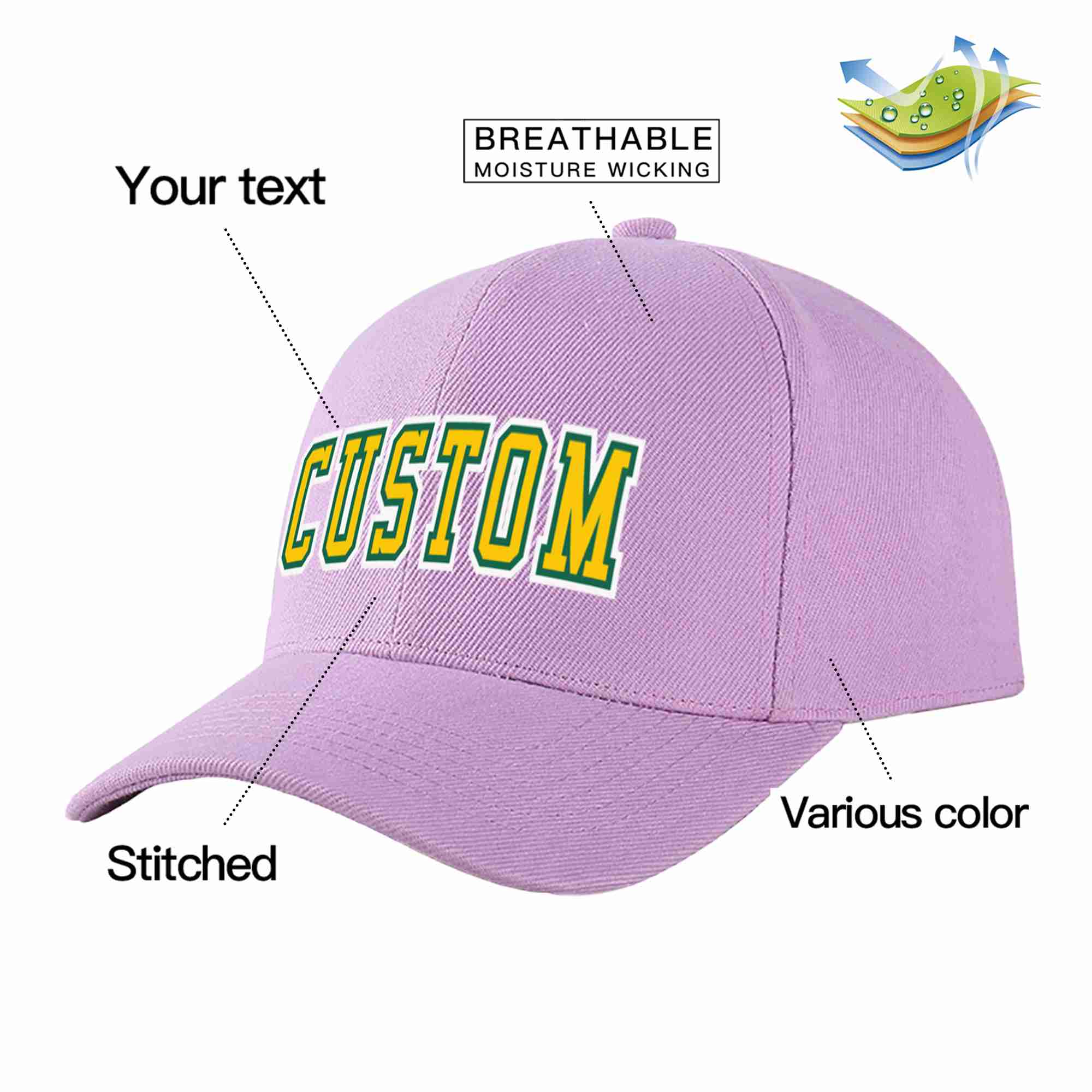 Custom Light Purple Gold-Kelly Green Curved Eaves Sport Baseball Cap Design for Men/Women/Youth