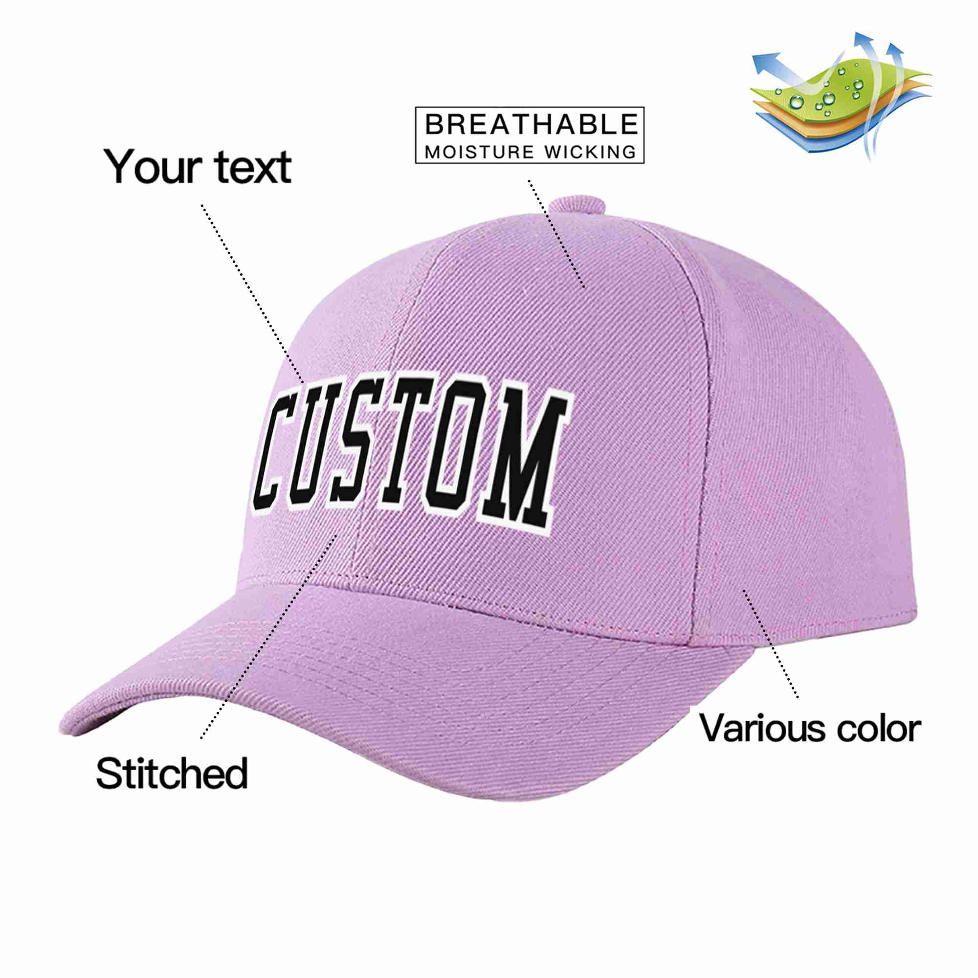 Custom Light Purple Black-White Curved Eaves Sport Baseball Cap Design for Men/Women/Youth