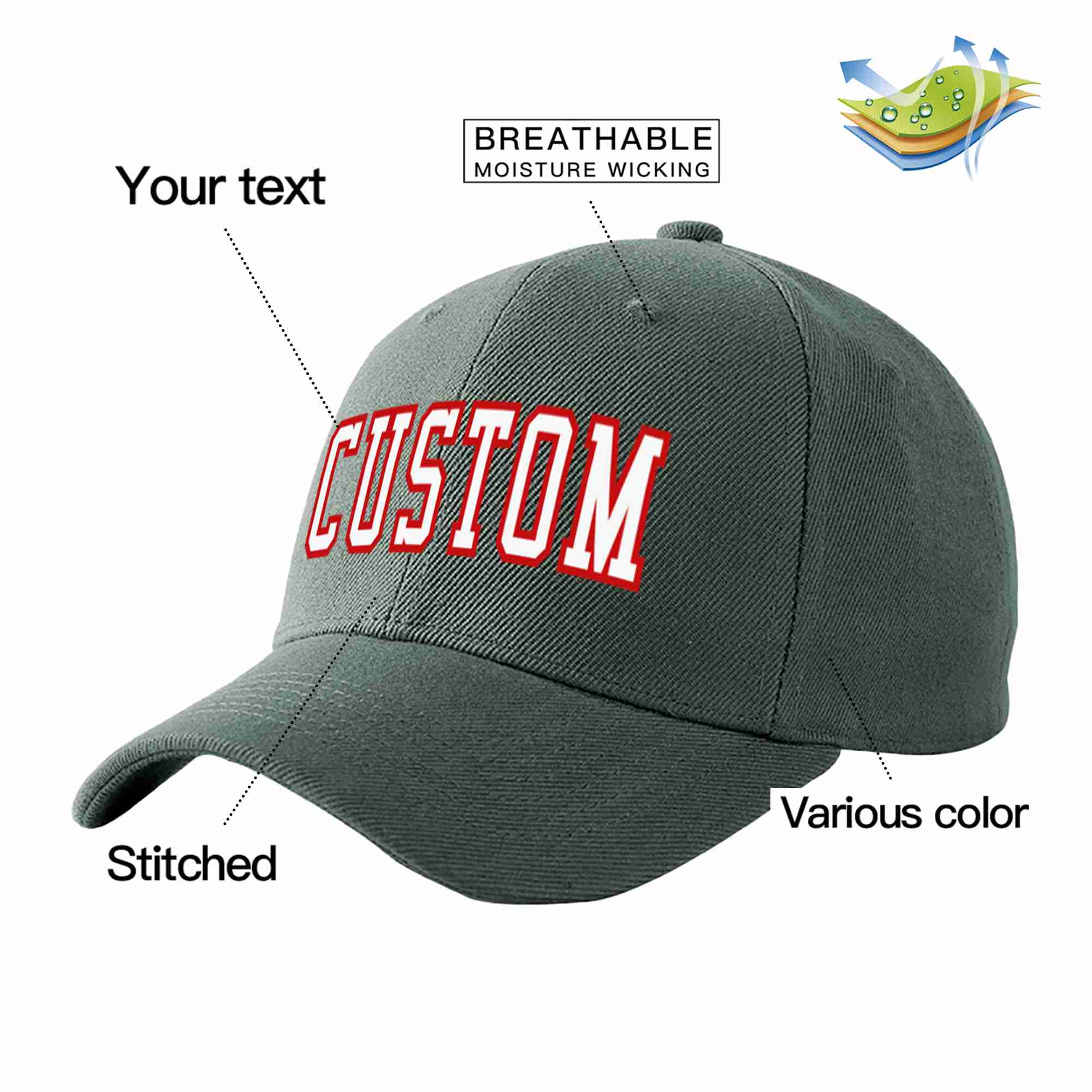 Conception personnalisée de casquette de baseball de sport incurvée gris foncé blanc-rouge pour hommes/femmes/jeunes