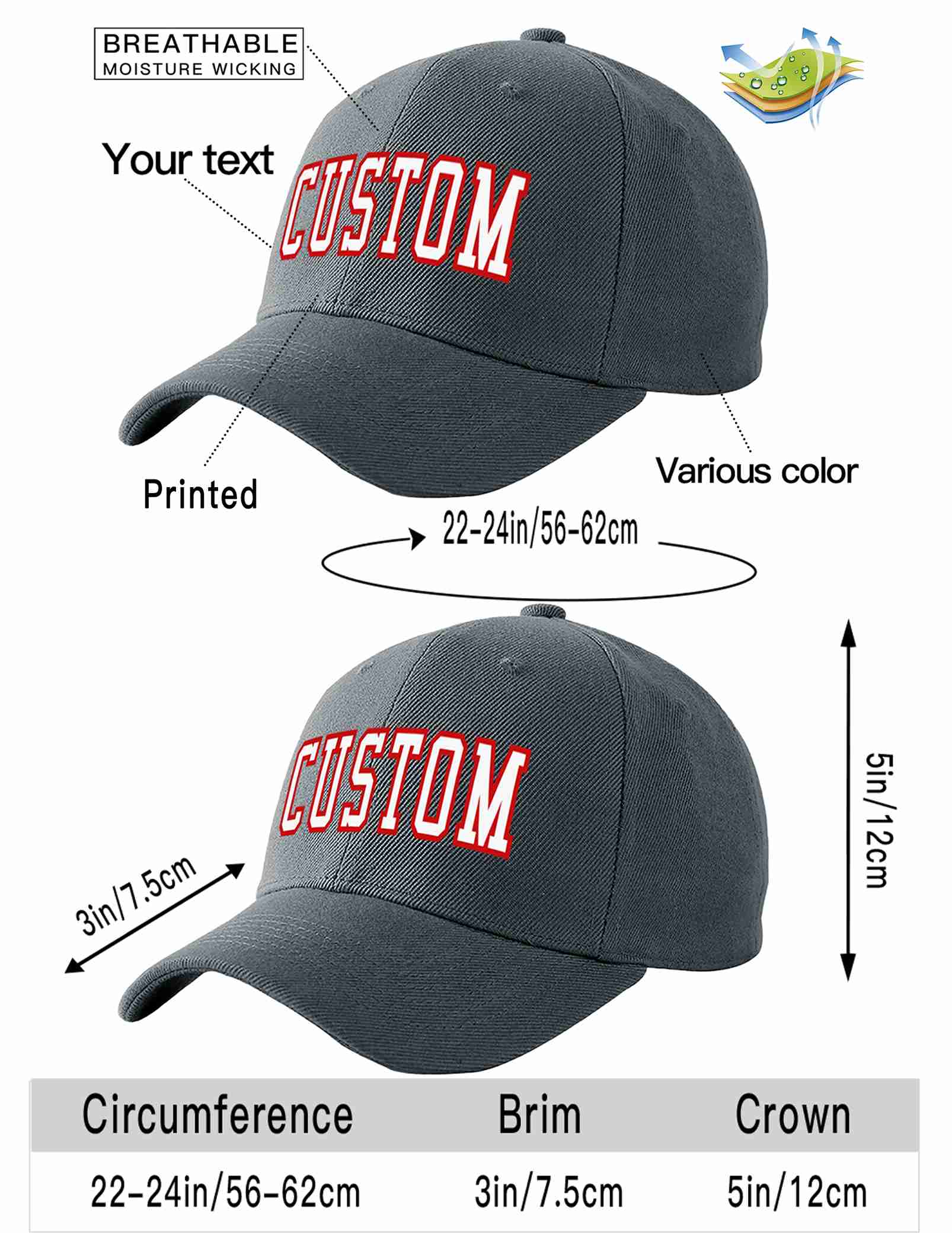 Conception personnalisée de casquette de baseball de sport incurvée gris foncé blanc-rouge pour hommes/femmes/jeunes