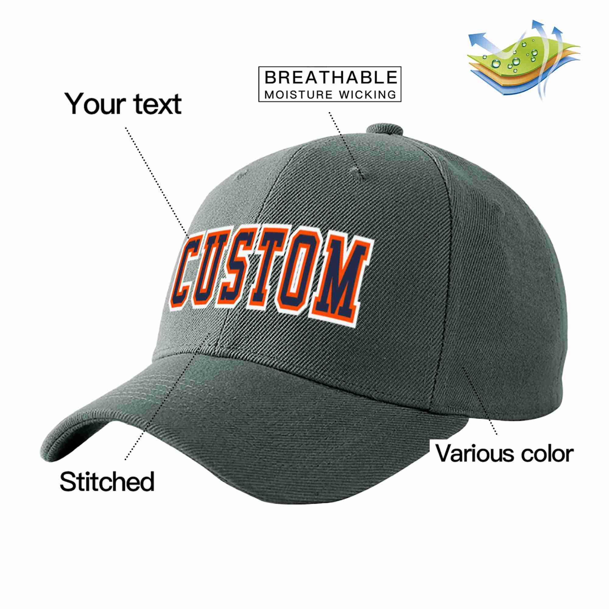 Conception personnalisée de casquette de baseball de sport incurvée gris foncé marine-orange pour hommes/femmes/jeunes