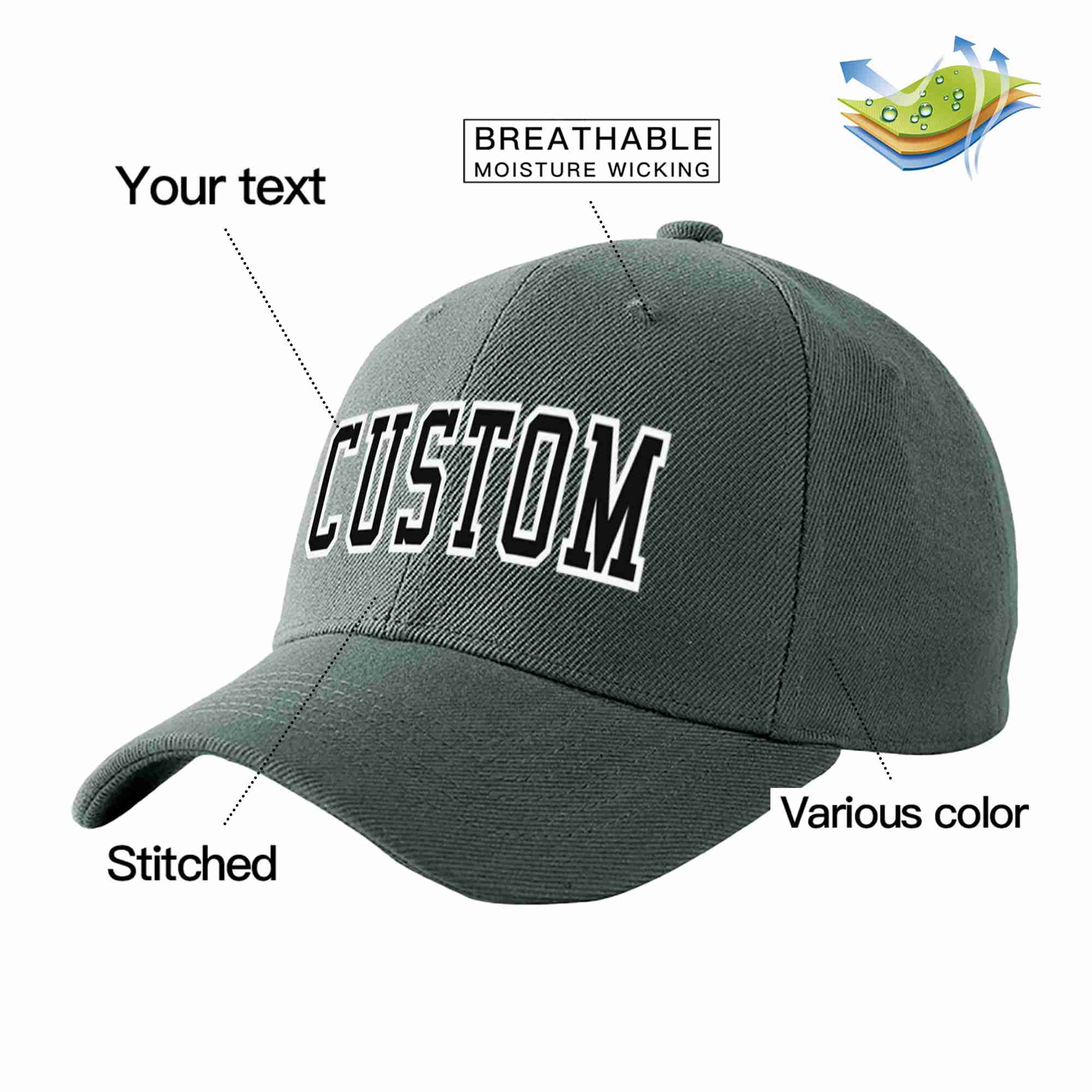 Conception personnalisée de casquette de baseball de sport incurvée gris foncé noir-blanc pour hommes/femmes/jeunes