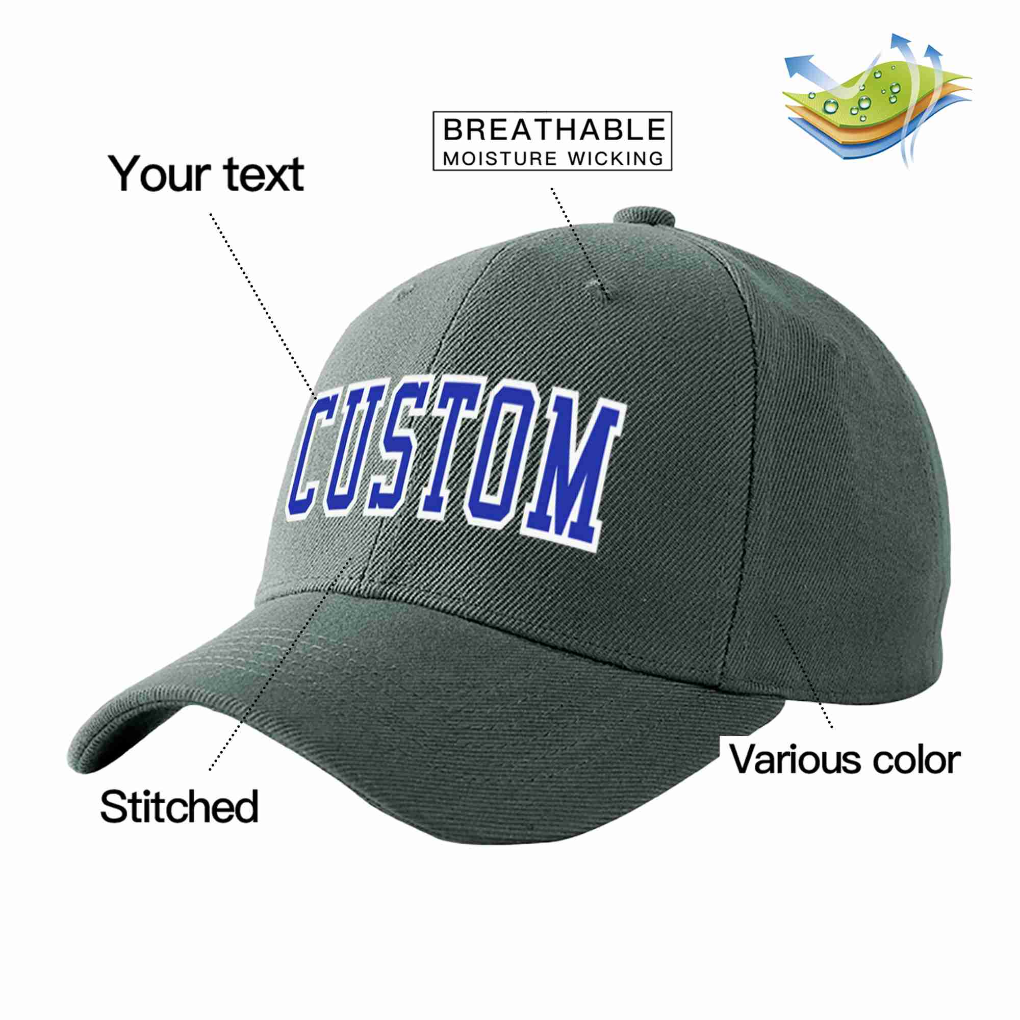 Custom Dark Gray Royal-White Curved Eaves Sport Baseball Cap Design for Men/Women/Youth