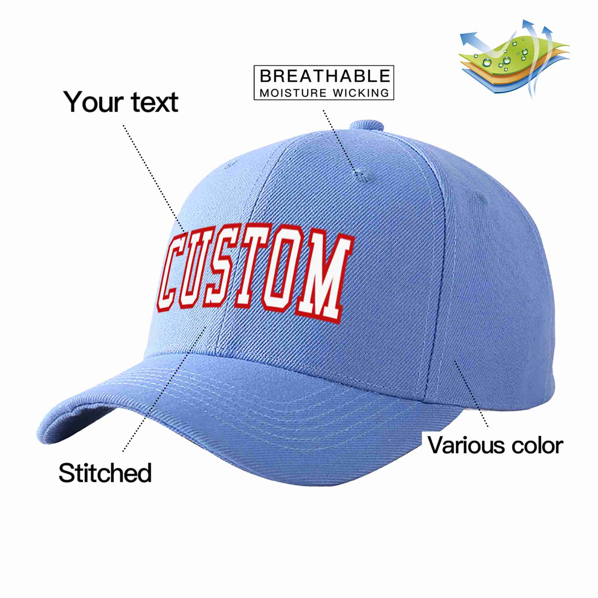 Conception personnalisée de casquette de baseball de sport incurvée bleu ciel blanc-rouge pour hommes/femmes/jeunes