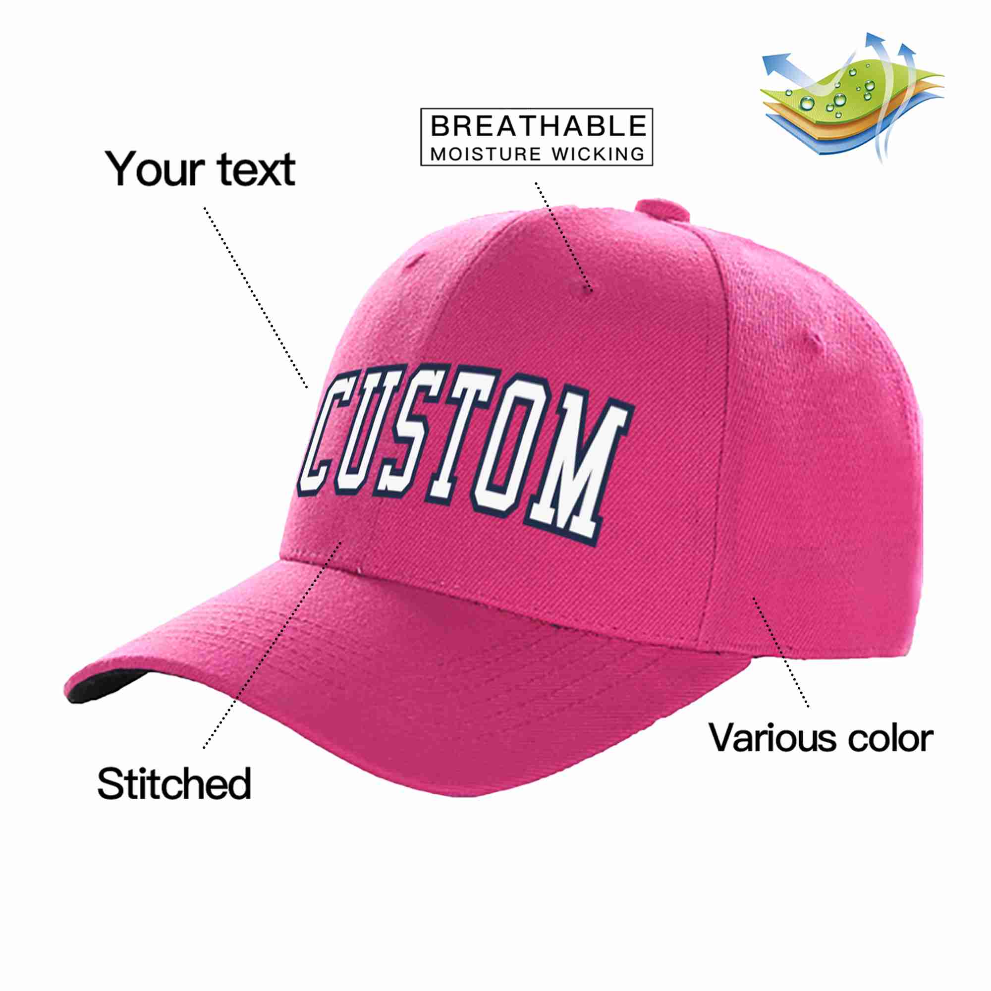 Conception personnalisée de casquette de baseball de sport à avant-toit incurvée rose rouge blanc-marine pour hommes/femmes/jeunes