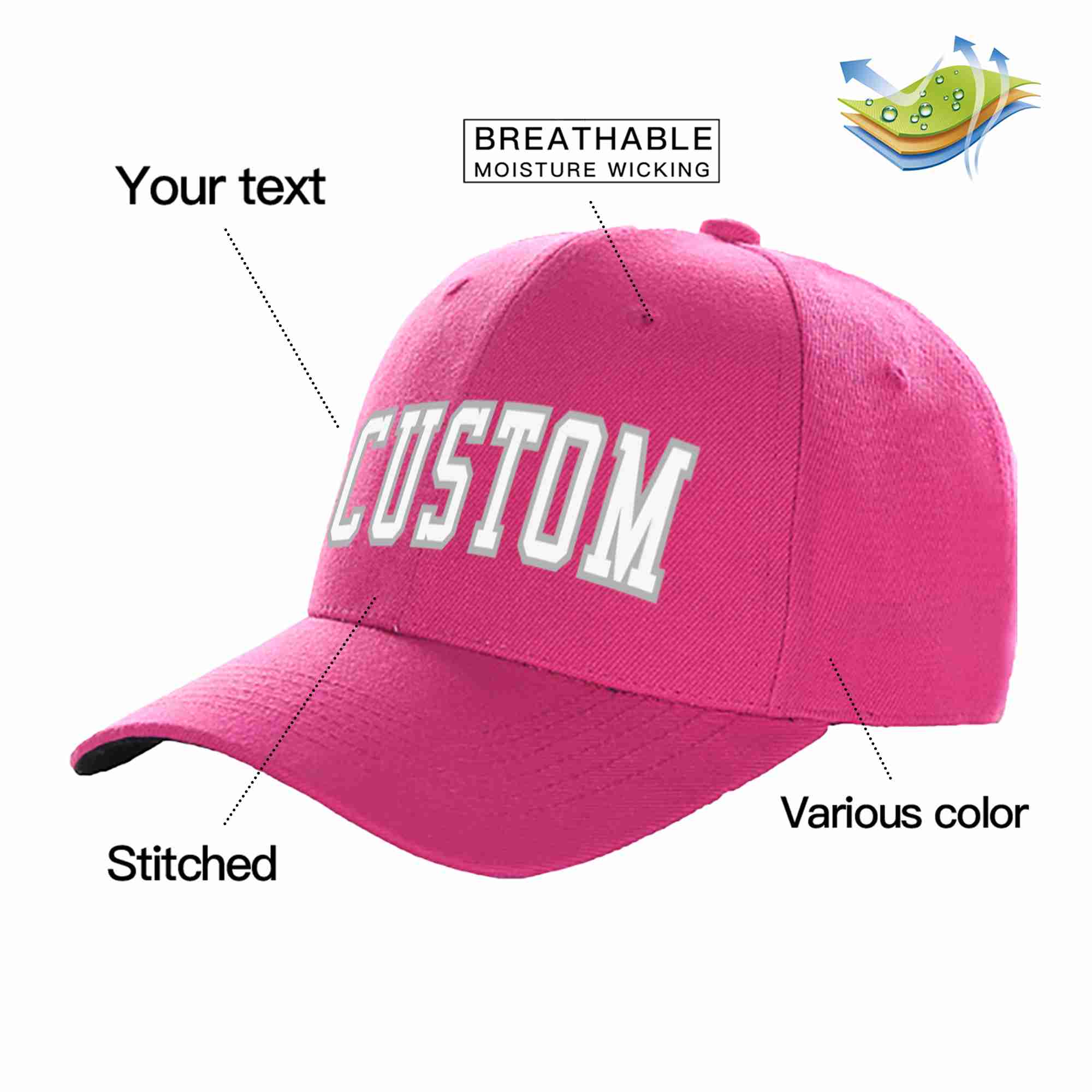 Casquette de baseball de sport incurvée personnalisée Rose rouge blanc-gris pour hommes/femmes/jeunes