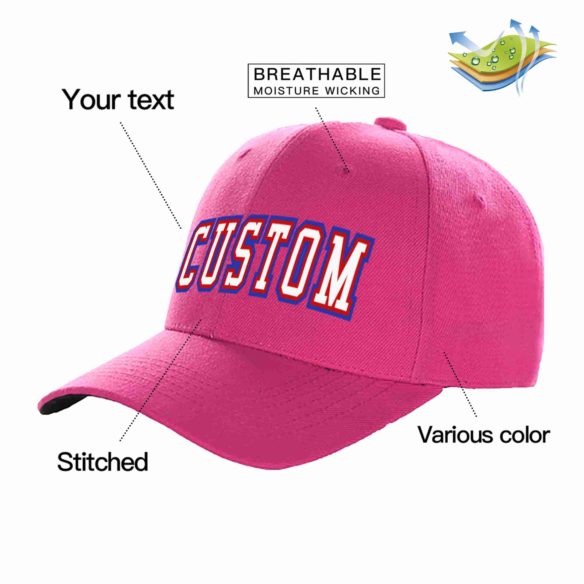 Casquette de baseball de sport incurvée personnalisée Rose rouge blanc-rouge pour hommes/femmes/jeunes