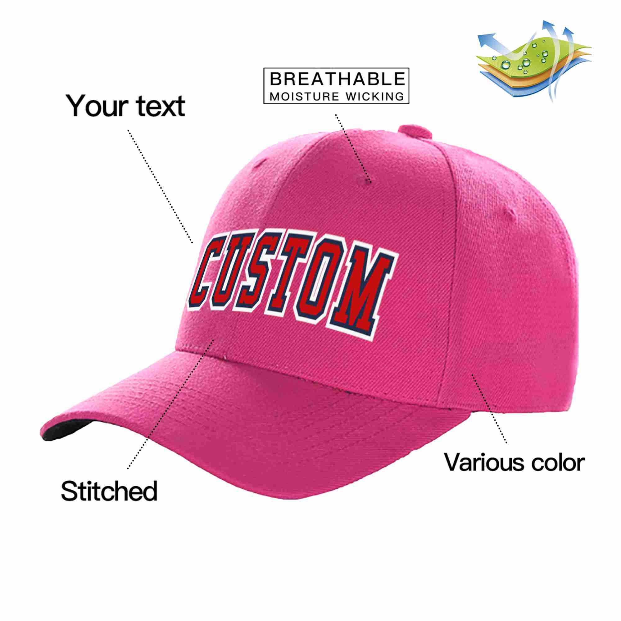 Conception personnalisée de casquette de baseball de sport à avant-toit incurvé rouge-marine rouge rose pour hommes/femmes/jeunes