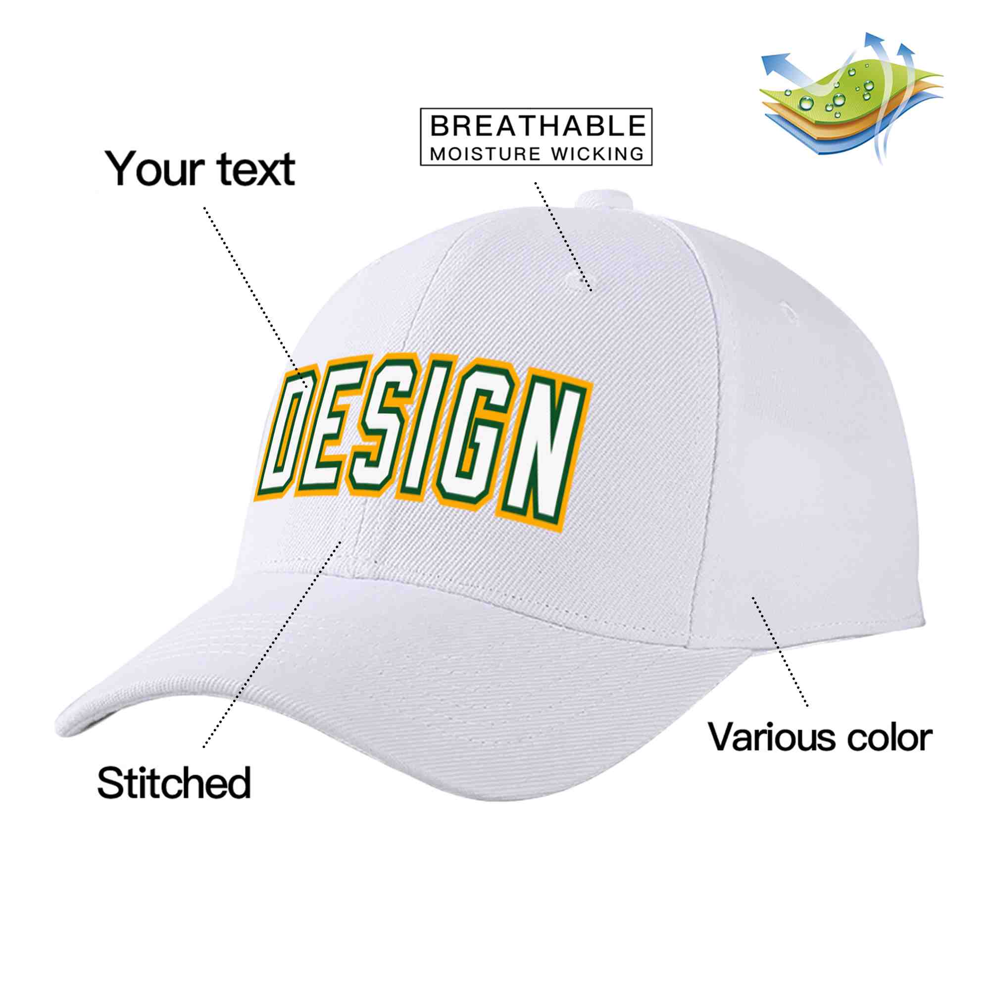 Casquette de baseball personnalisée blanche blanche-vert Kelly incurvée Eaves Sport Design