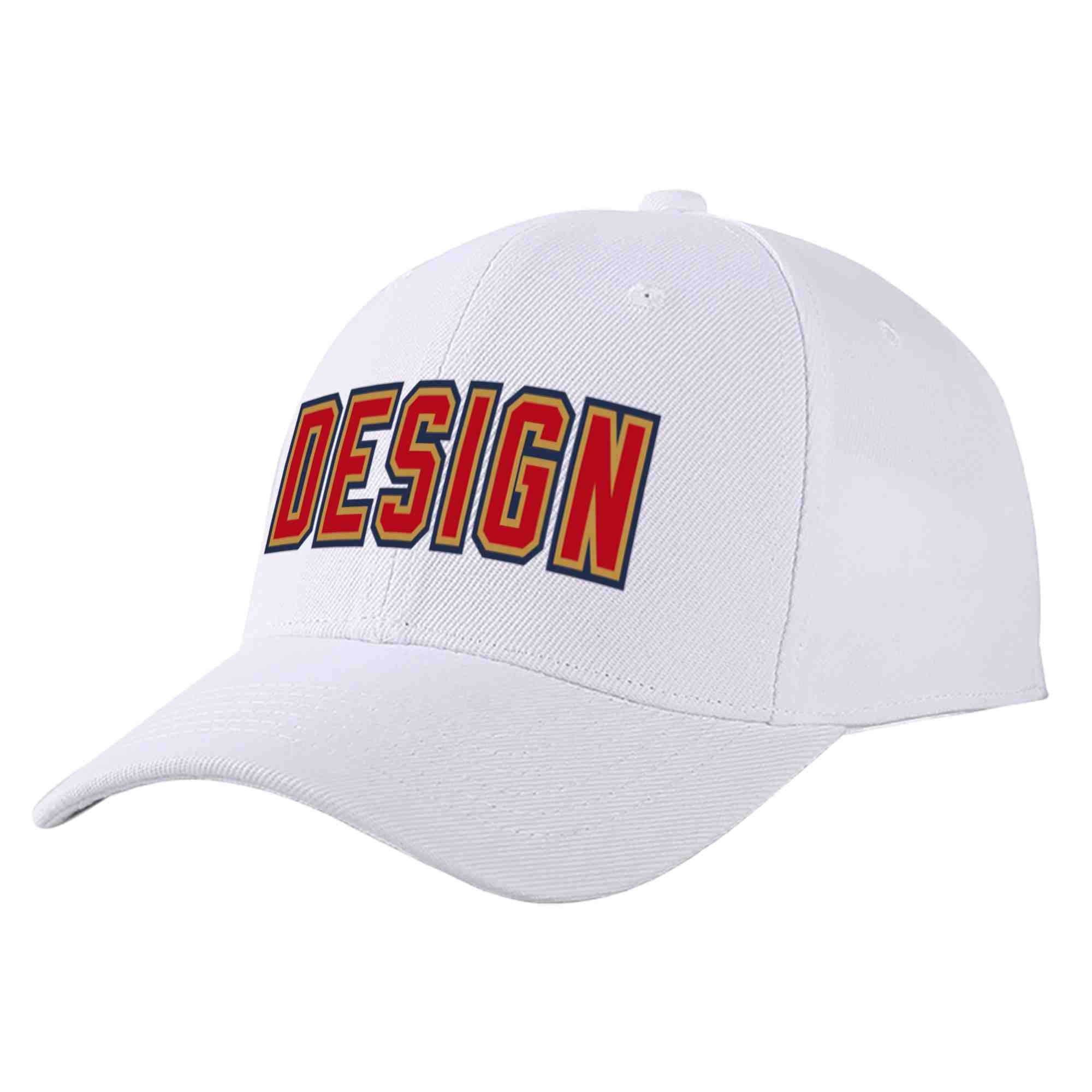 Casquette de baseball personnalisée avec avant-toit incurvé, blanc, rouge et vieux or, design sportif