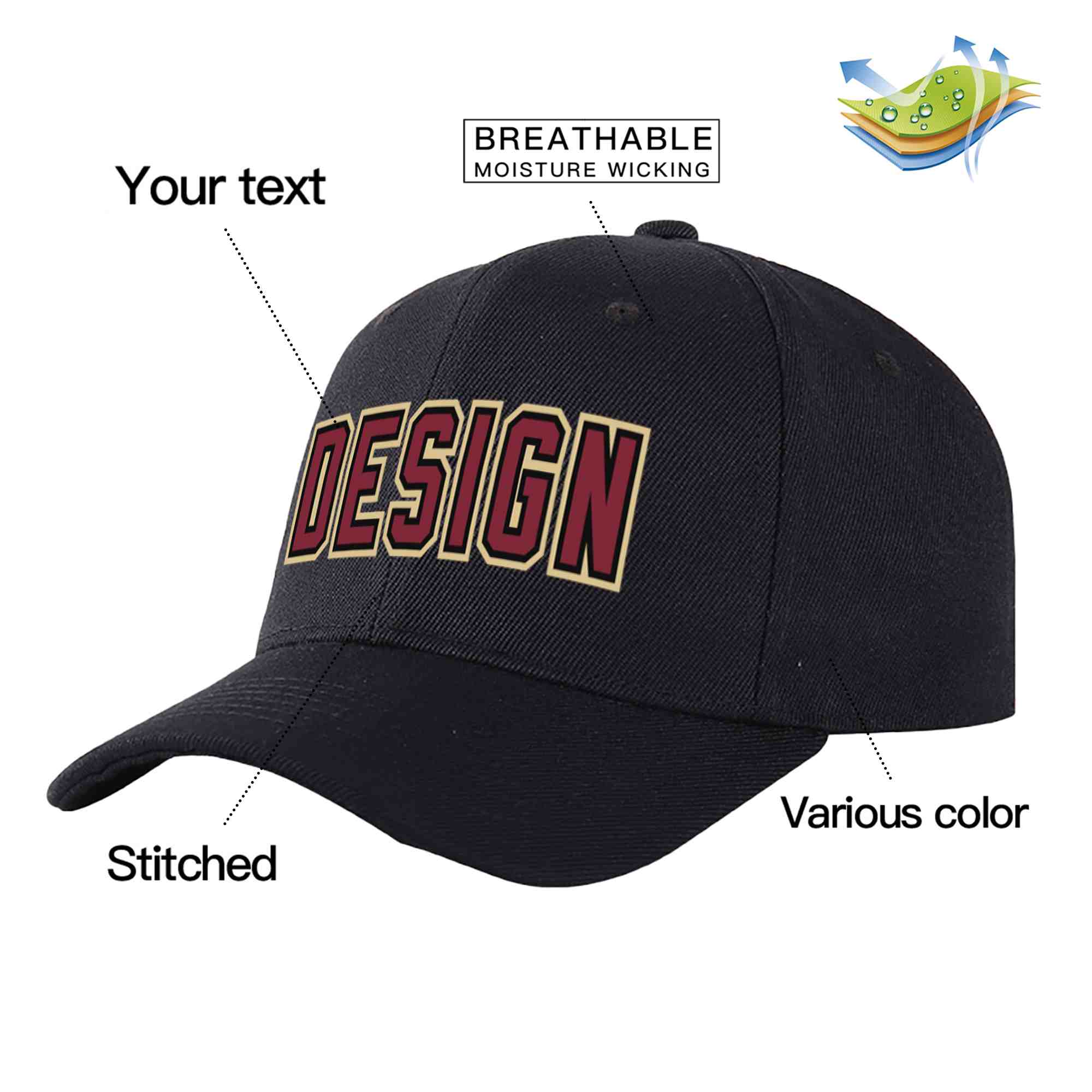 Custom Black Crimson-Black Curved Eaves Sport Design Baseball Cap