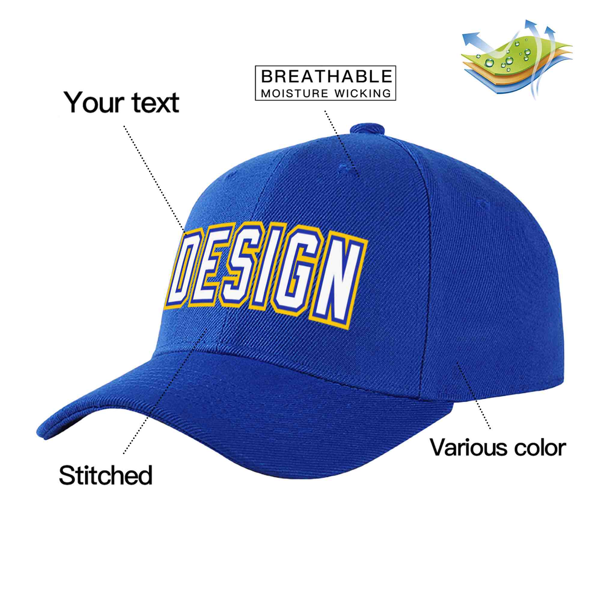 Casquette de baseball personnalisée Royal White-Royal Curved Eaves Sport Design